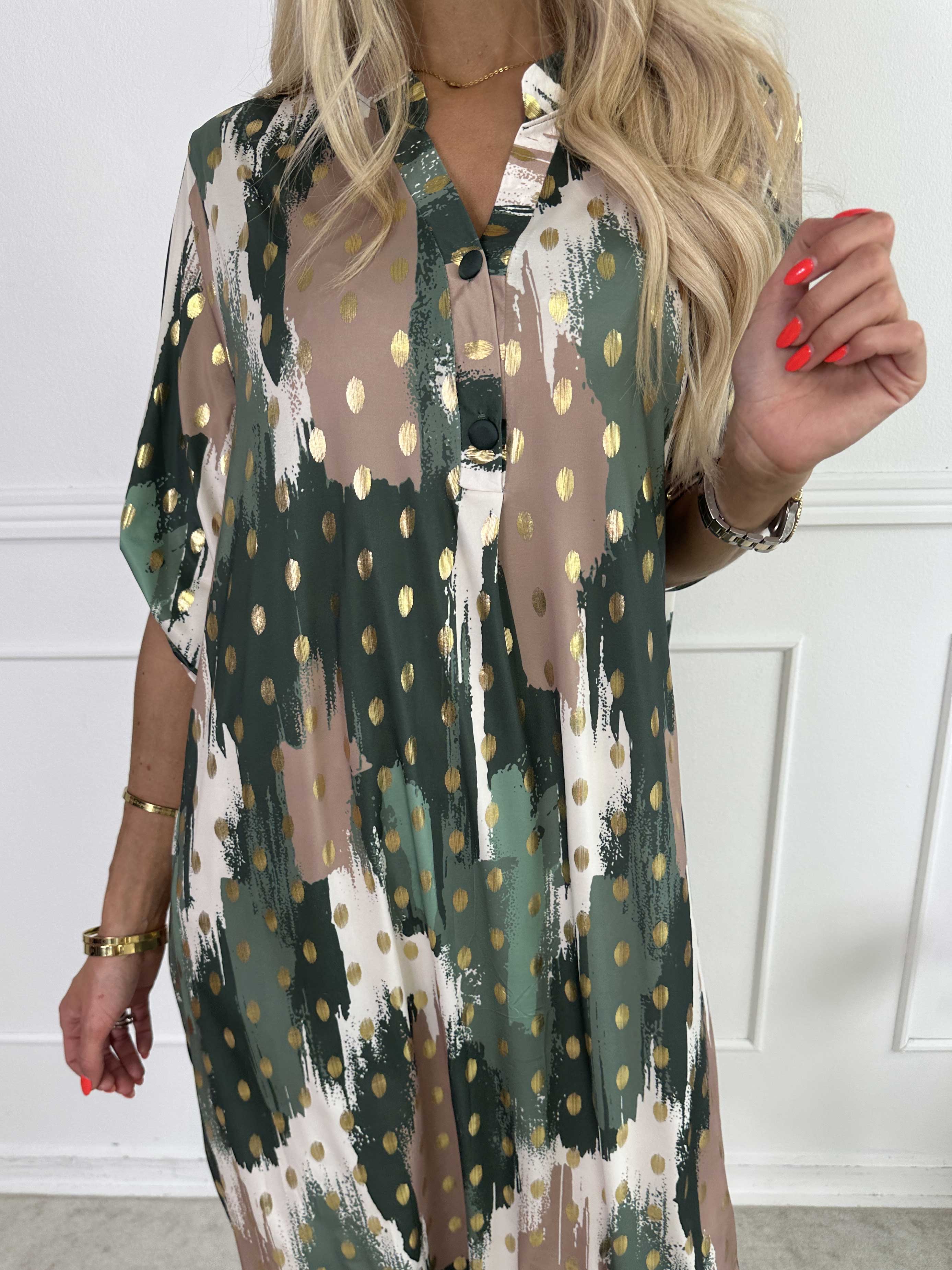 Ebba Paint Long - Elastisk flerfärgad klänning med guldprickar