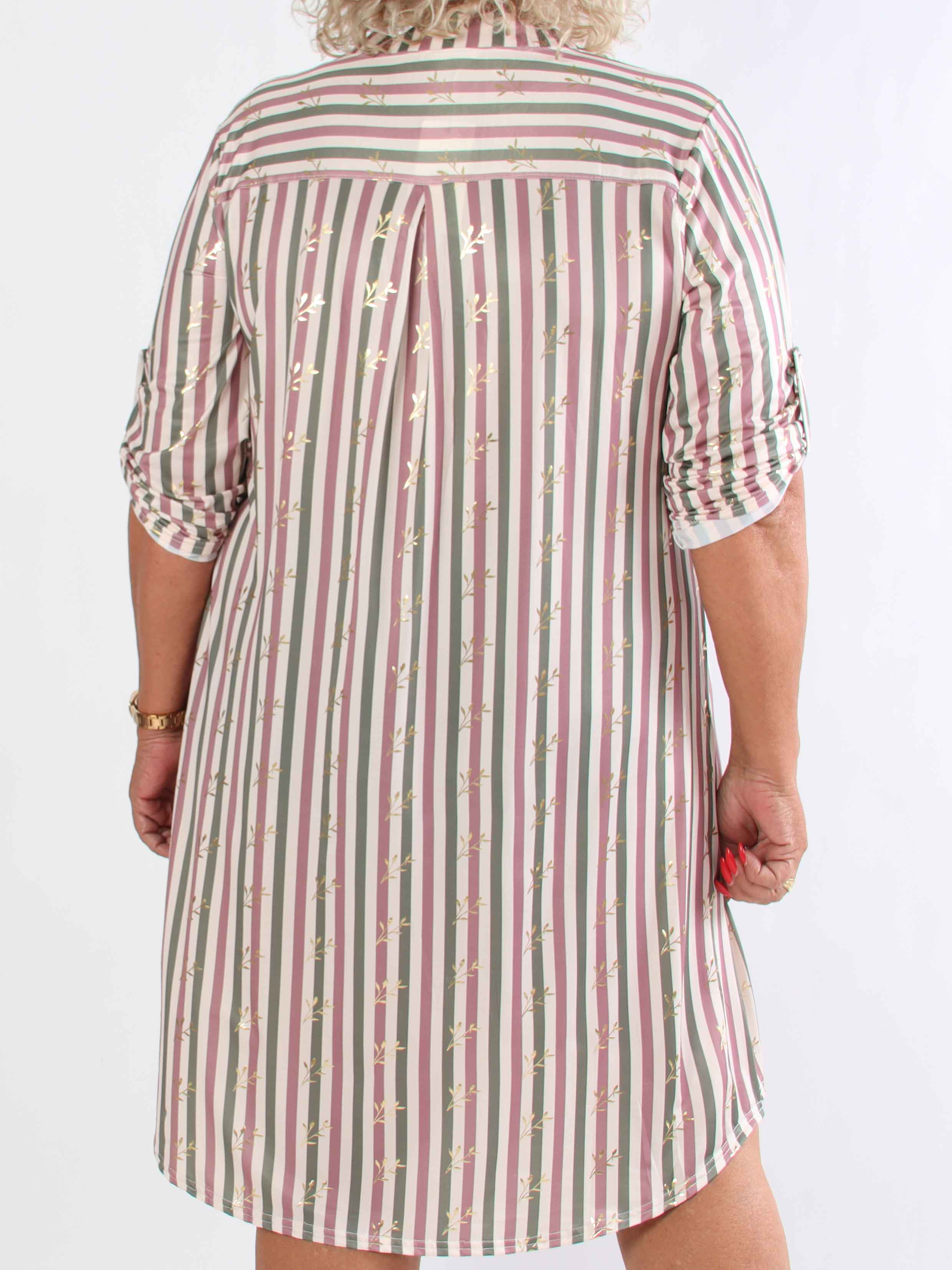 Ebba Stripe Long - Randig elastisk plus size klänning med guldfärgade blad