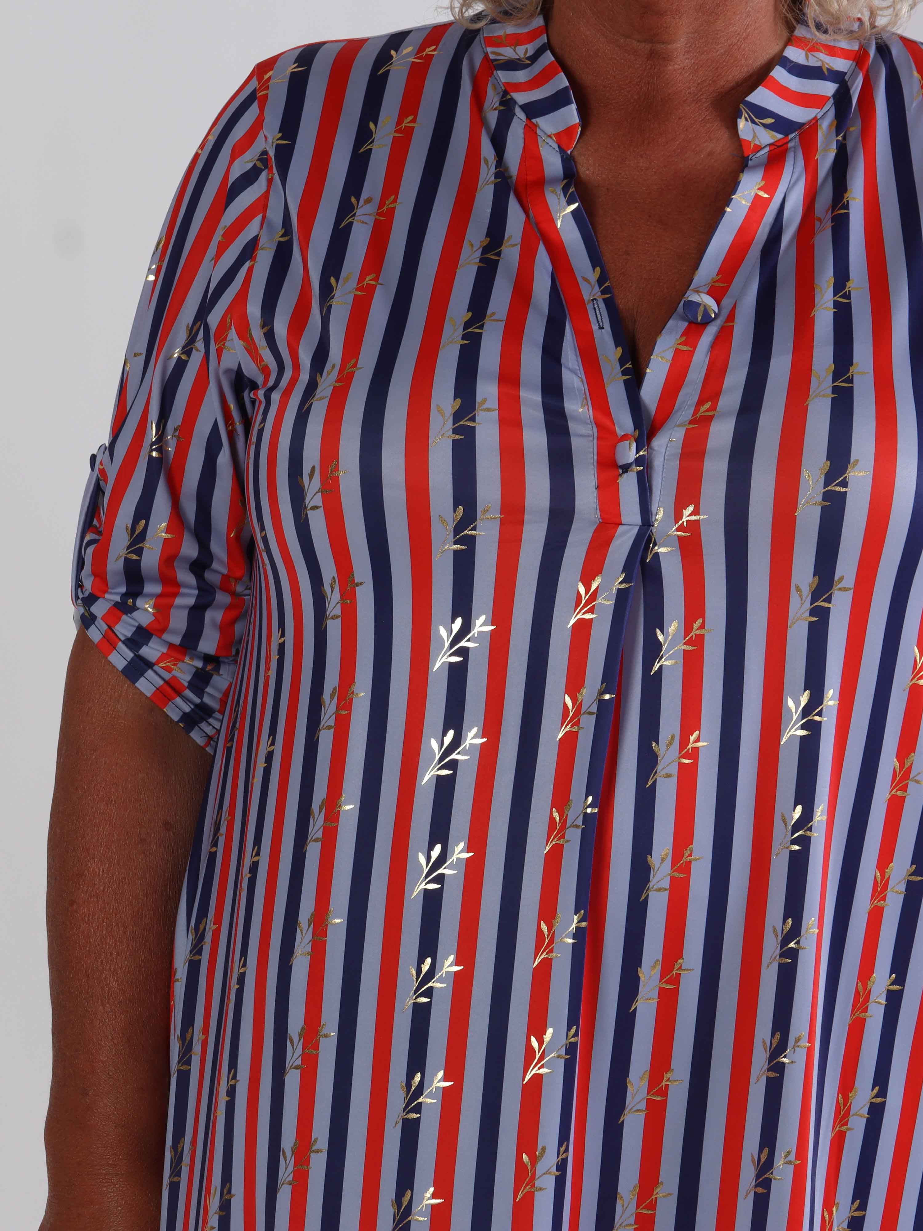 Ebba Stripe Long - Randig elastisk plus size klänning med guldfärgade blad