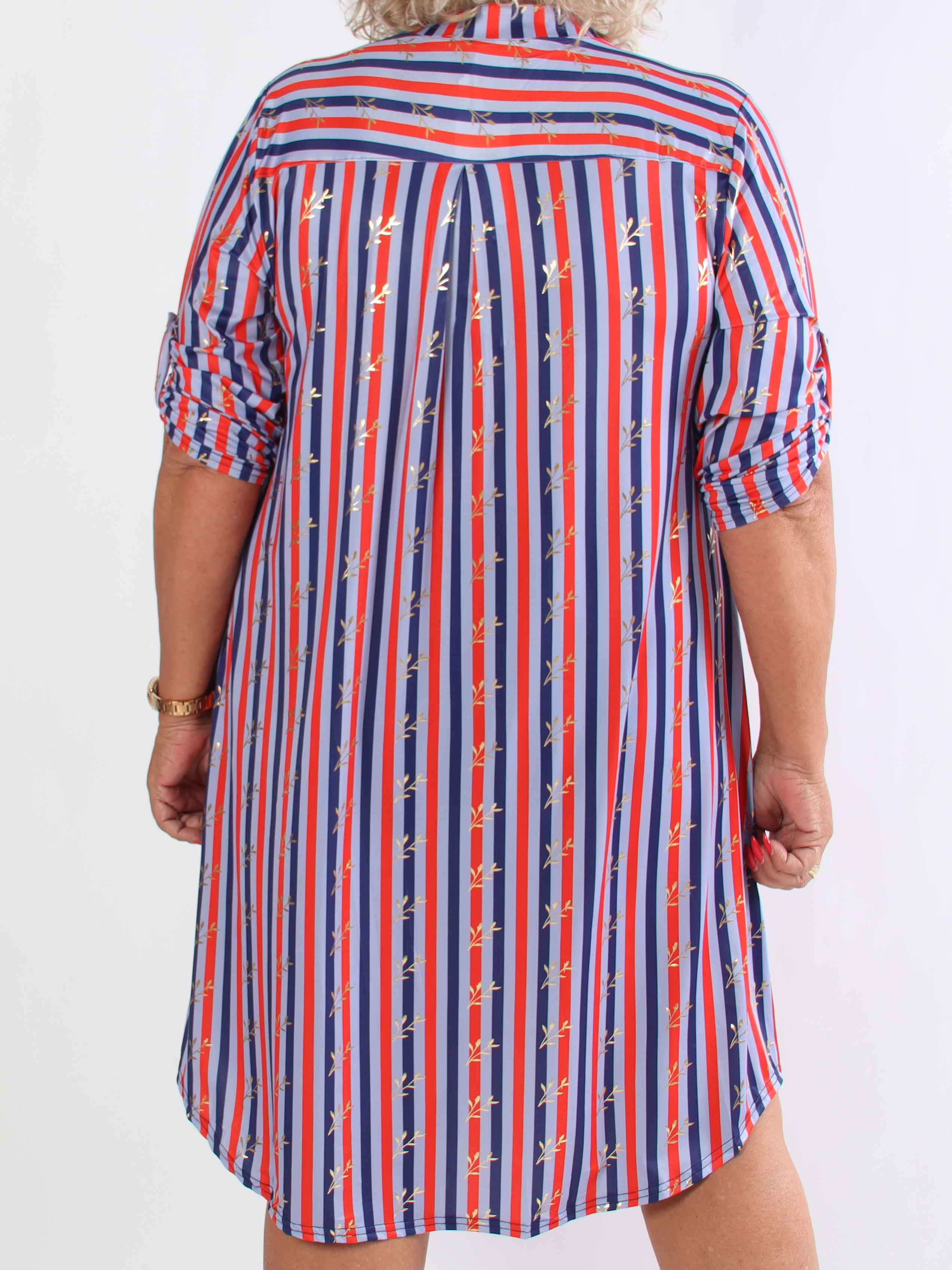 Ebba Stripe Long - Randig elastisk plus size klänning med guldfärgade blad