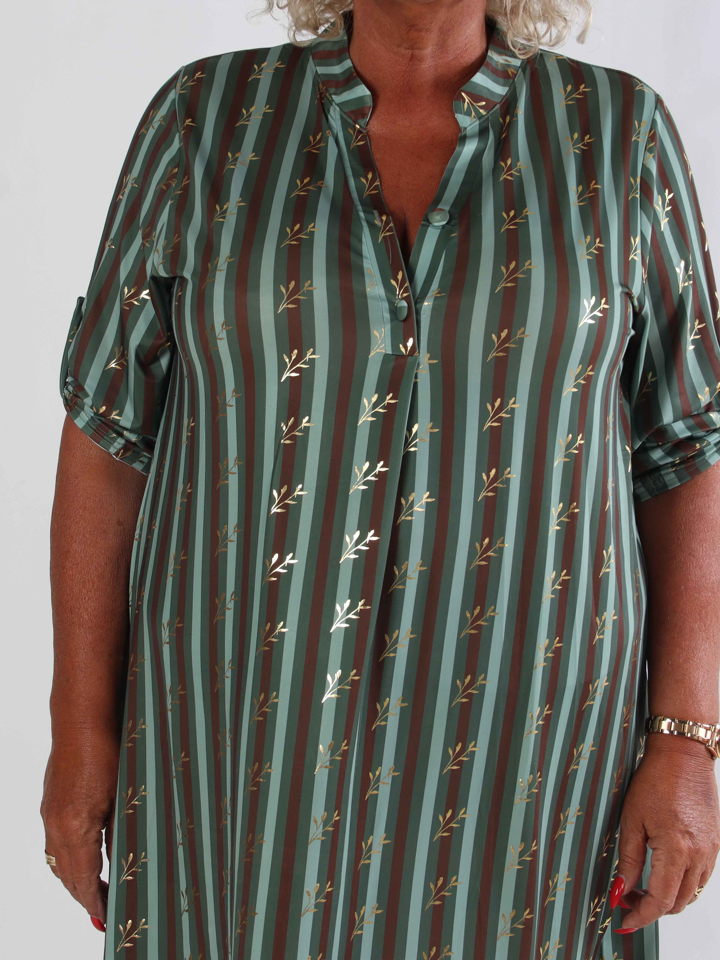 Ebba Stripe Long - Randig elastisk plus size klänning med guldfärgade blad