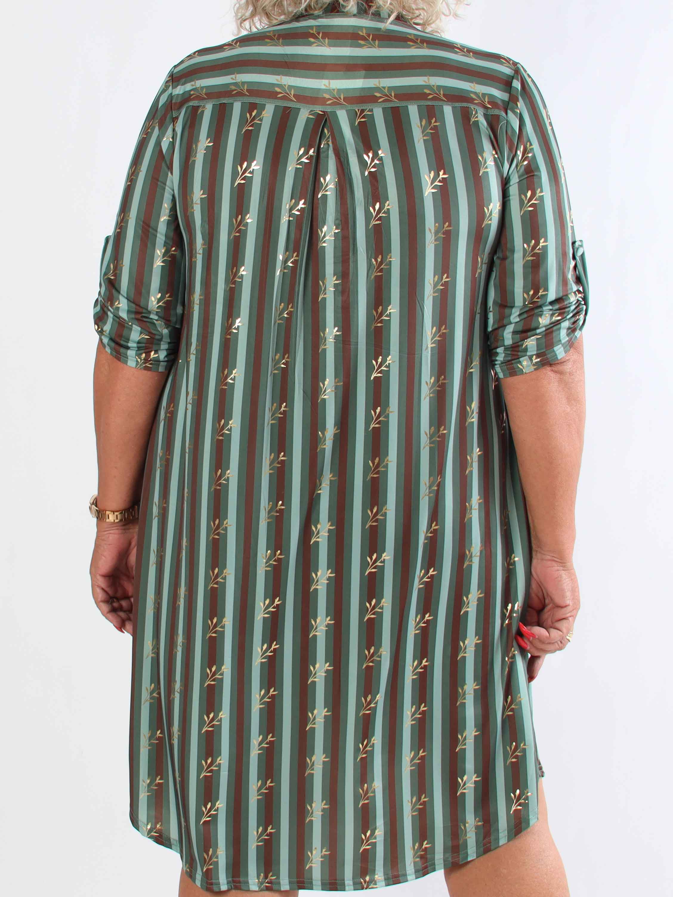 Ebba Stripe Long - Randig elastisk plus size klänning med guldfärgade blad