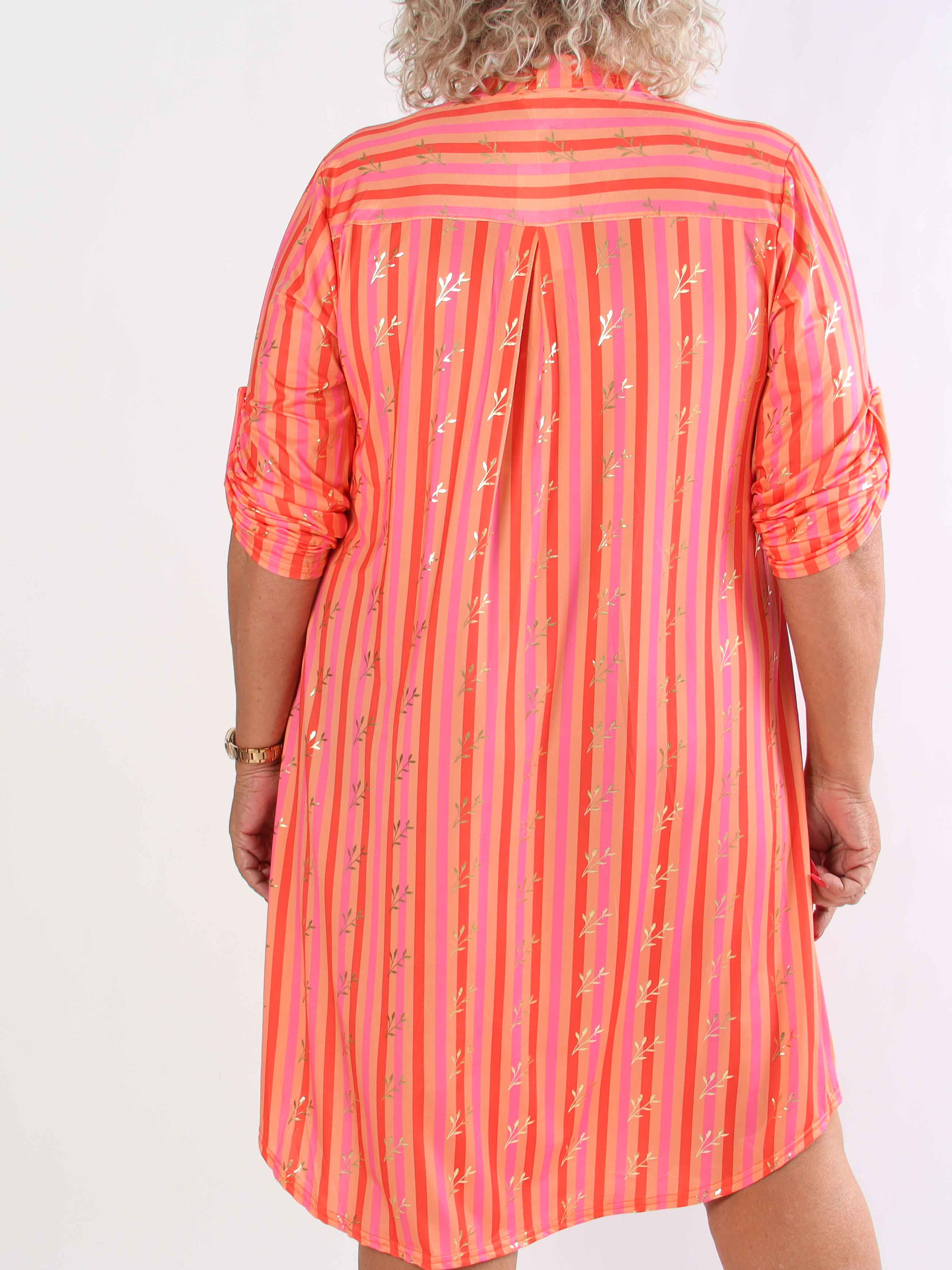 Ebba Stripe Long - Randig elastisk plus size klänning med guldfärgade blad