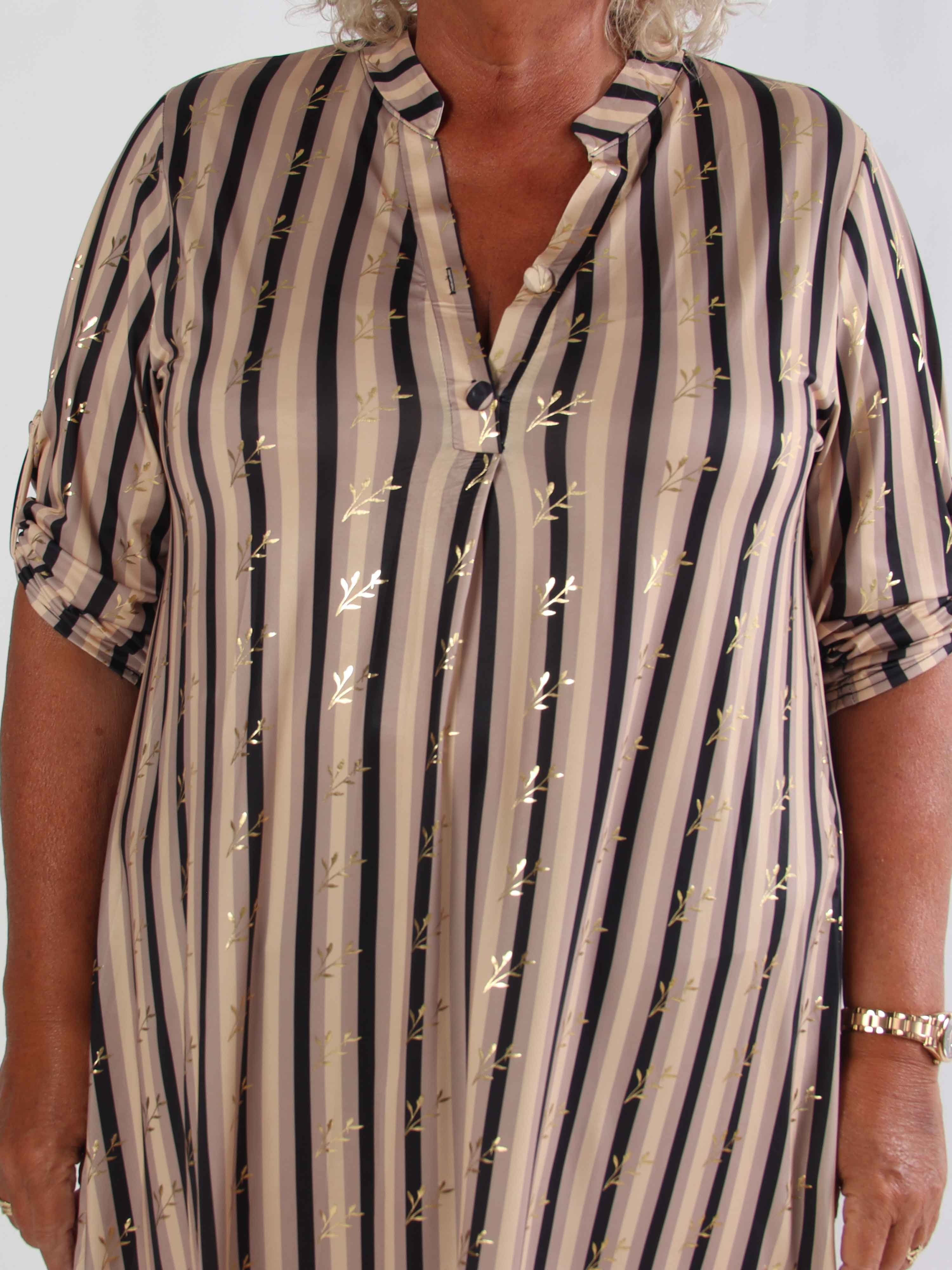 Ebba Stripe Long - Randig elastisk plus size klänning med guldfärgade blad