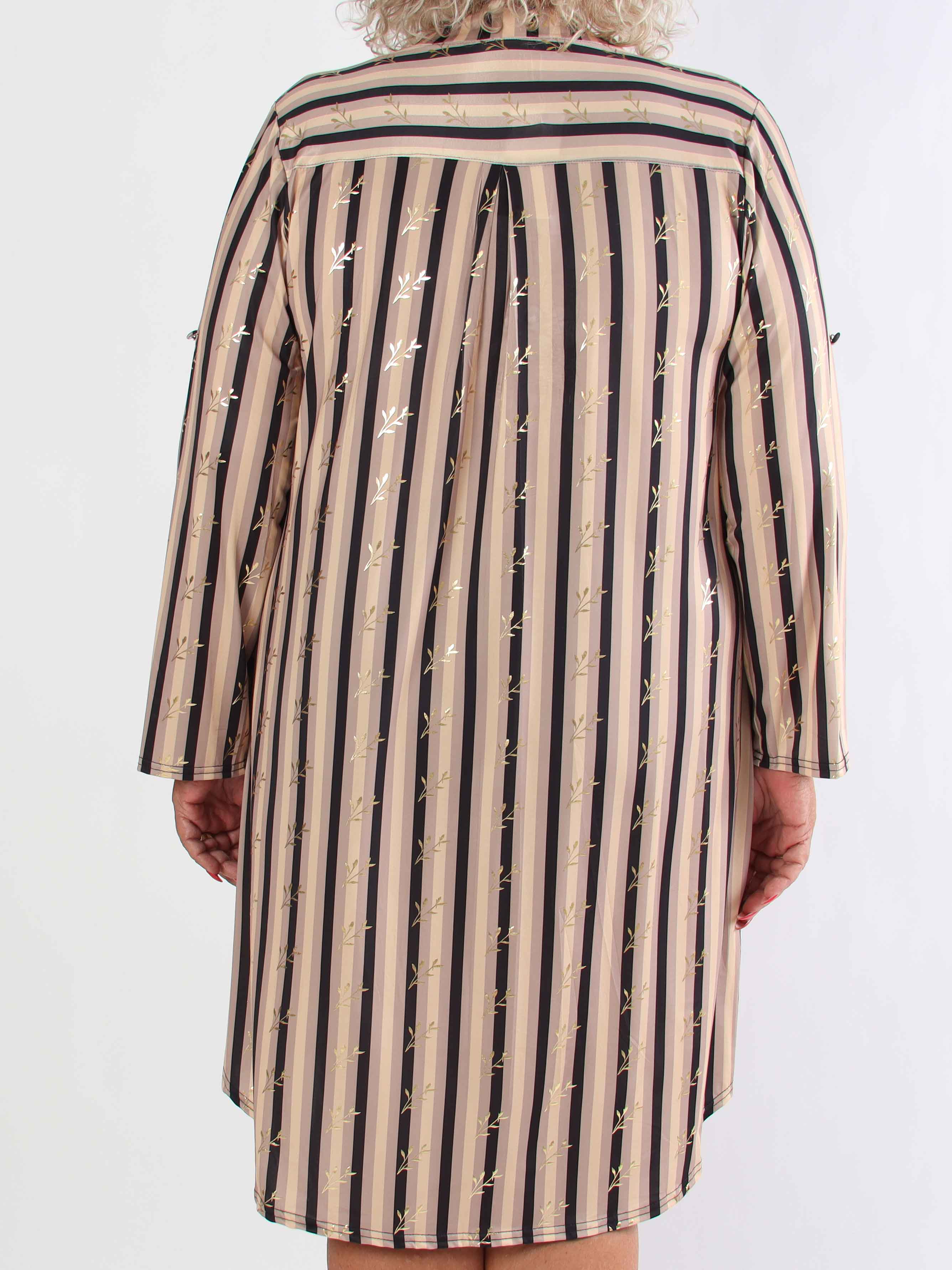 Ebba Stripe Long - Randig elastisk plus size klänning med guldfärgade blad