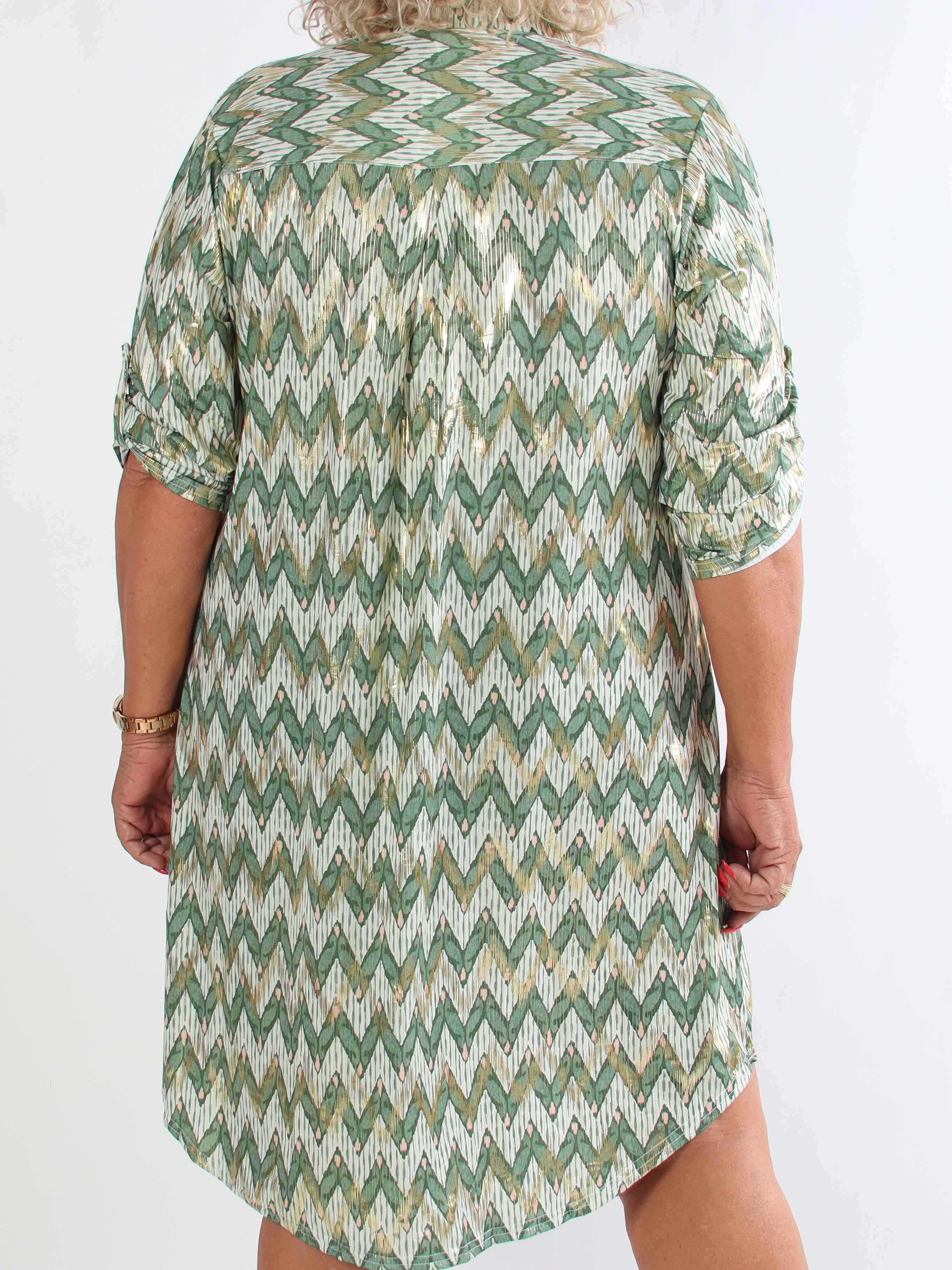 Ebba Zigzag Long - Elastisk mönstrad plus size klänning med gulddetaljer