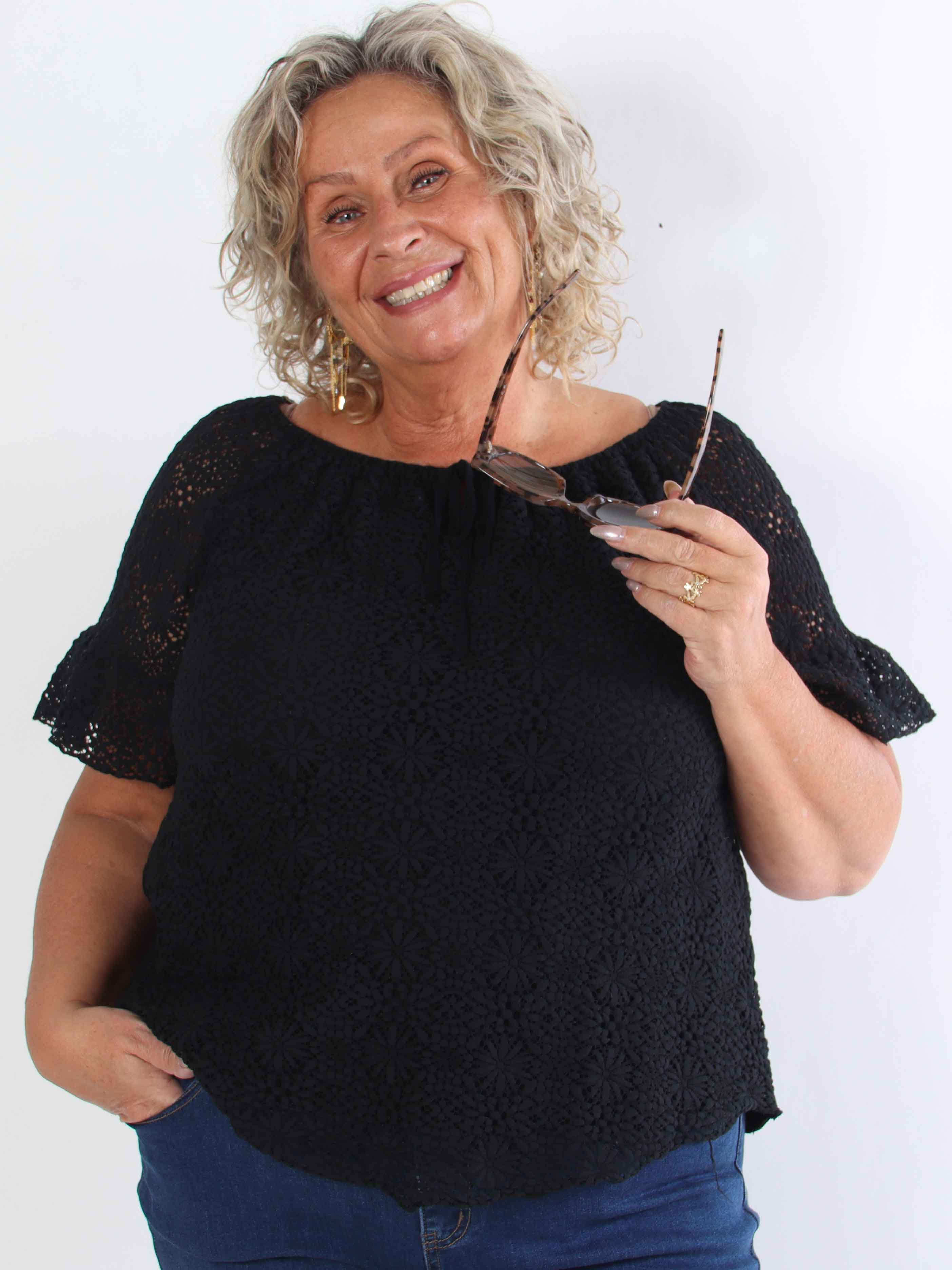 Elisa - Plus size-tunika i bomull med spets och elastisk halsringning