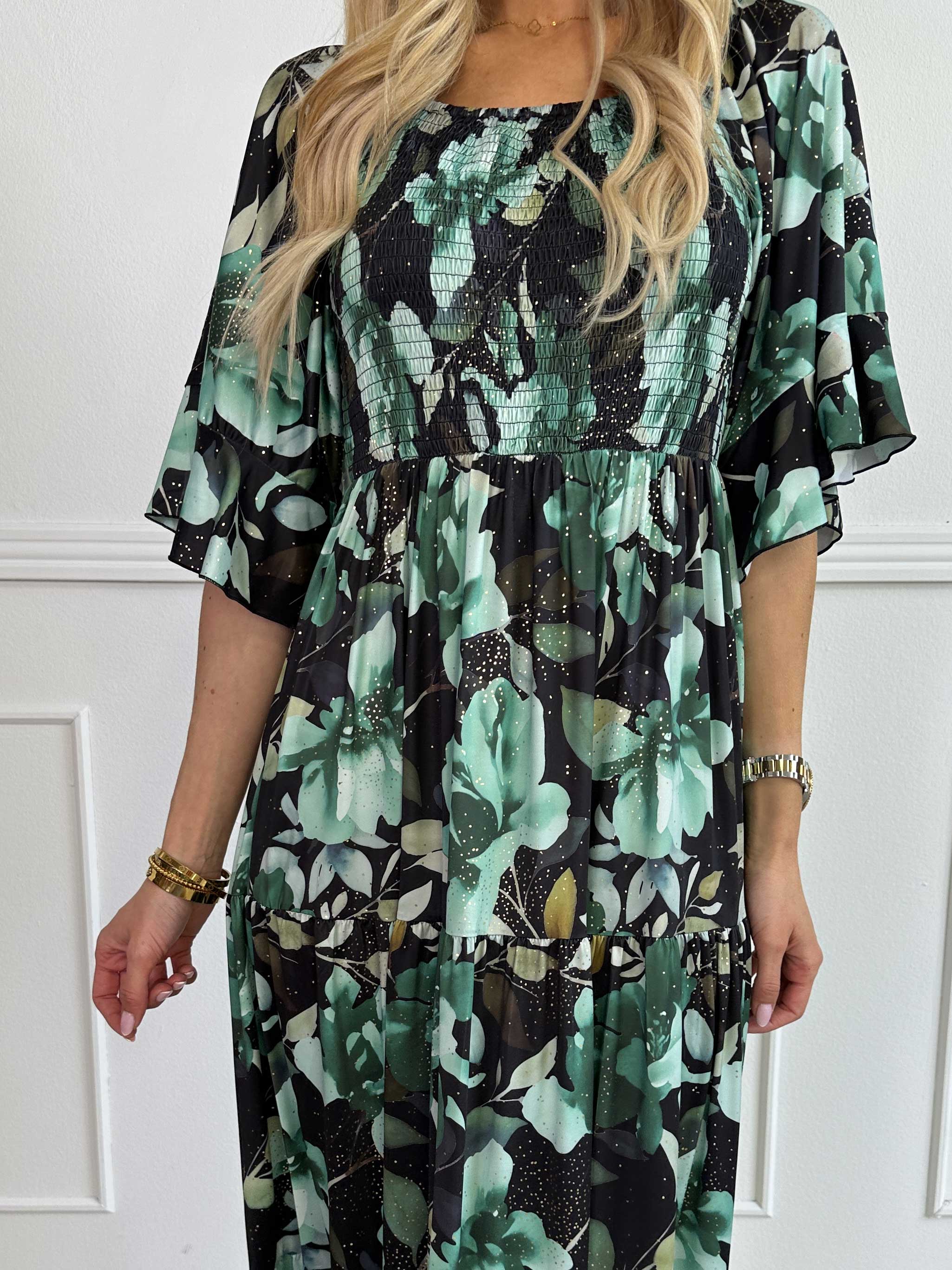 Elna Fiore - Blommig elastisk klänning med smock över bysten