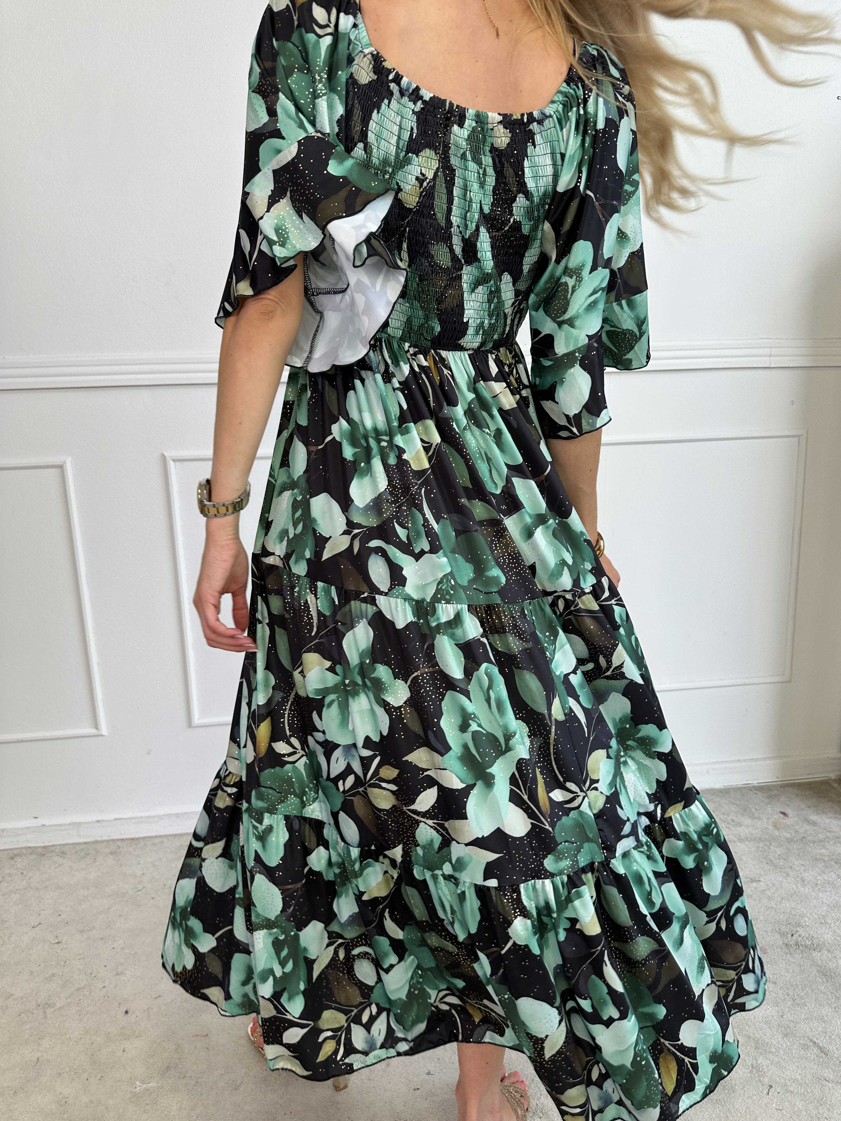 Elna Fiore - Blommig elastisk klänning med smock över bysten