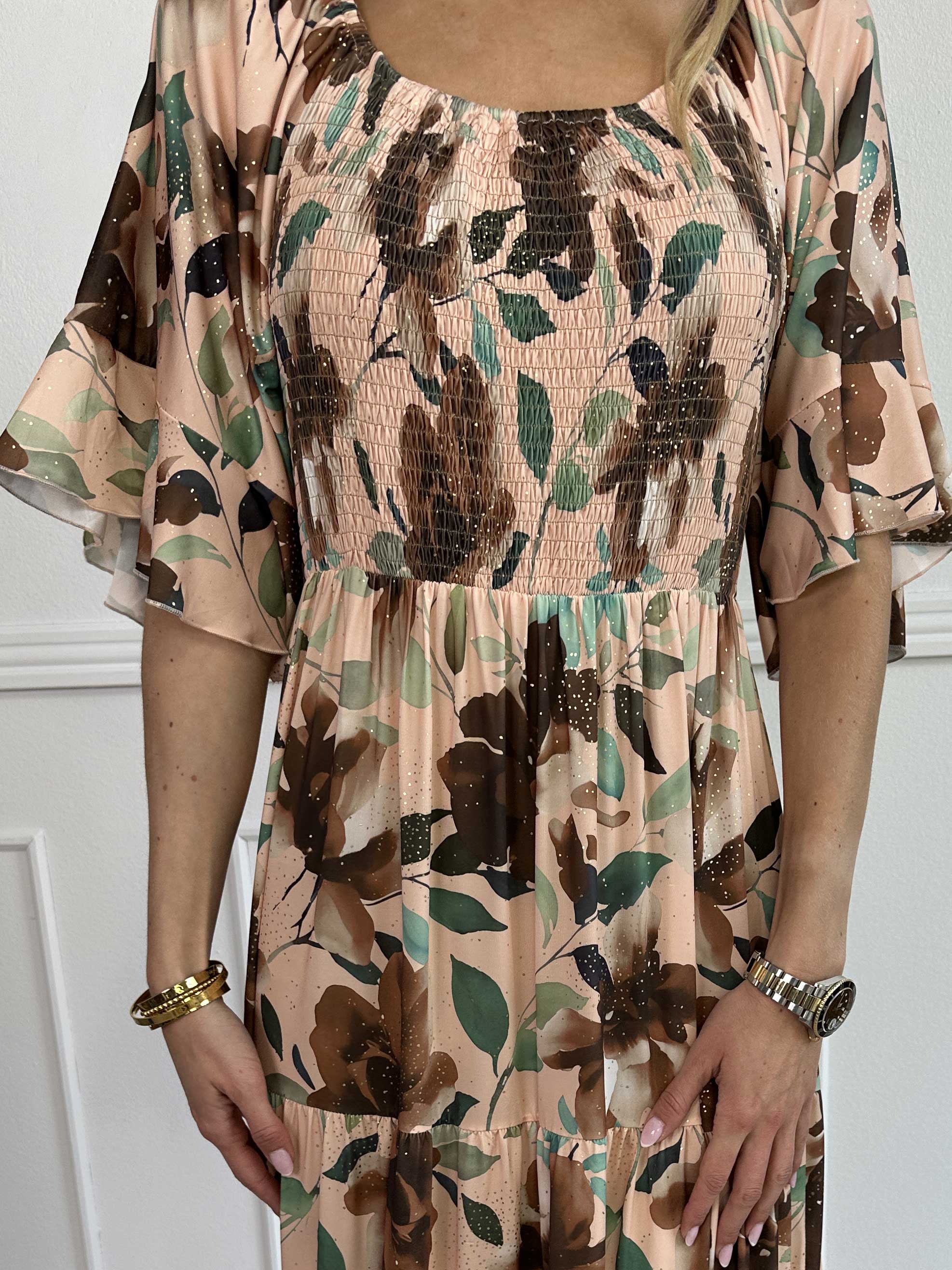 Elna Fiore - Blommig elastisk klänning med smock över bysten