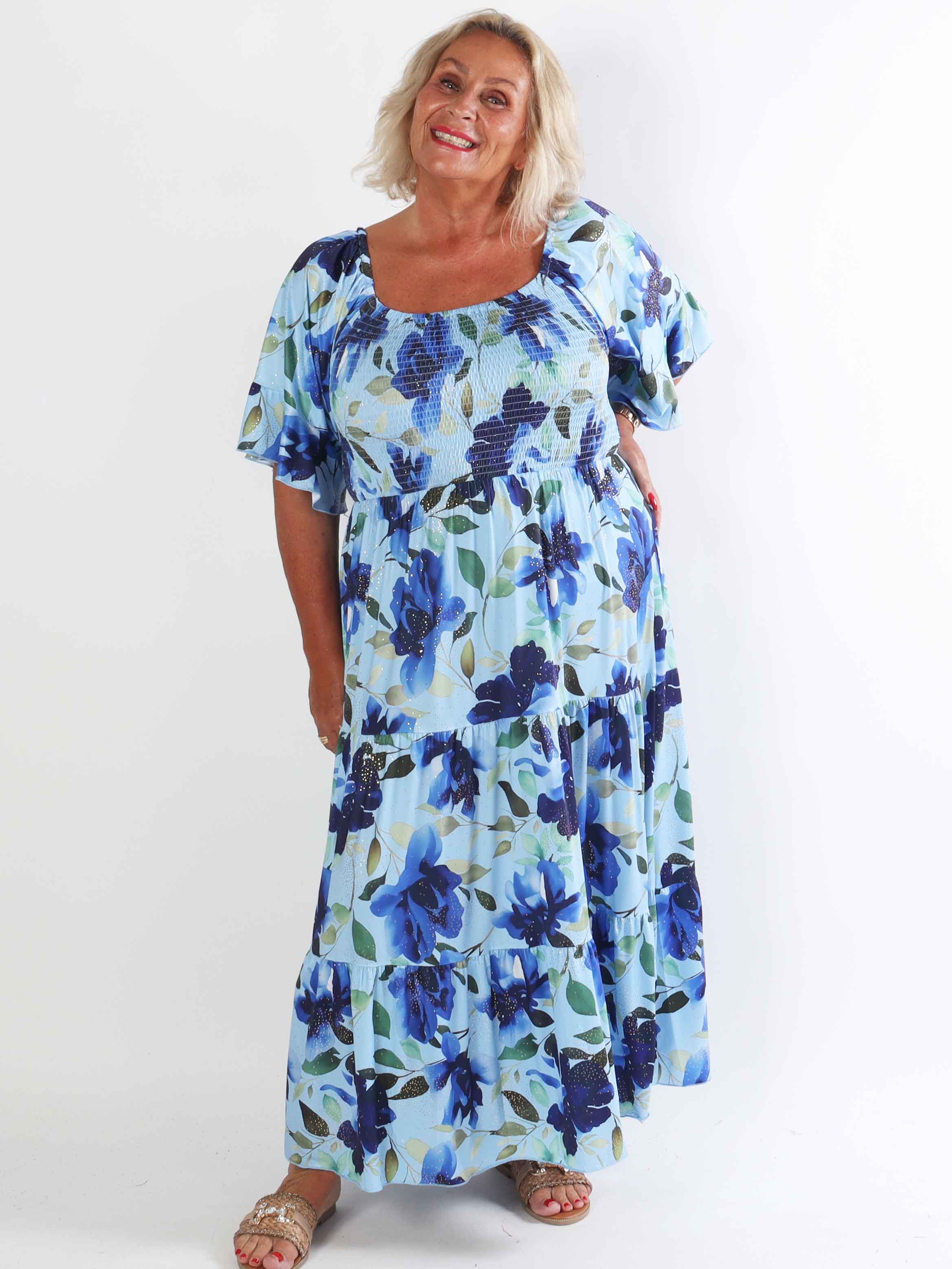 Elna Fiore - Blommig elastisk plus size klänning med smock över bysten