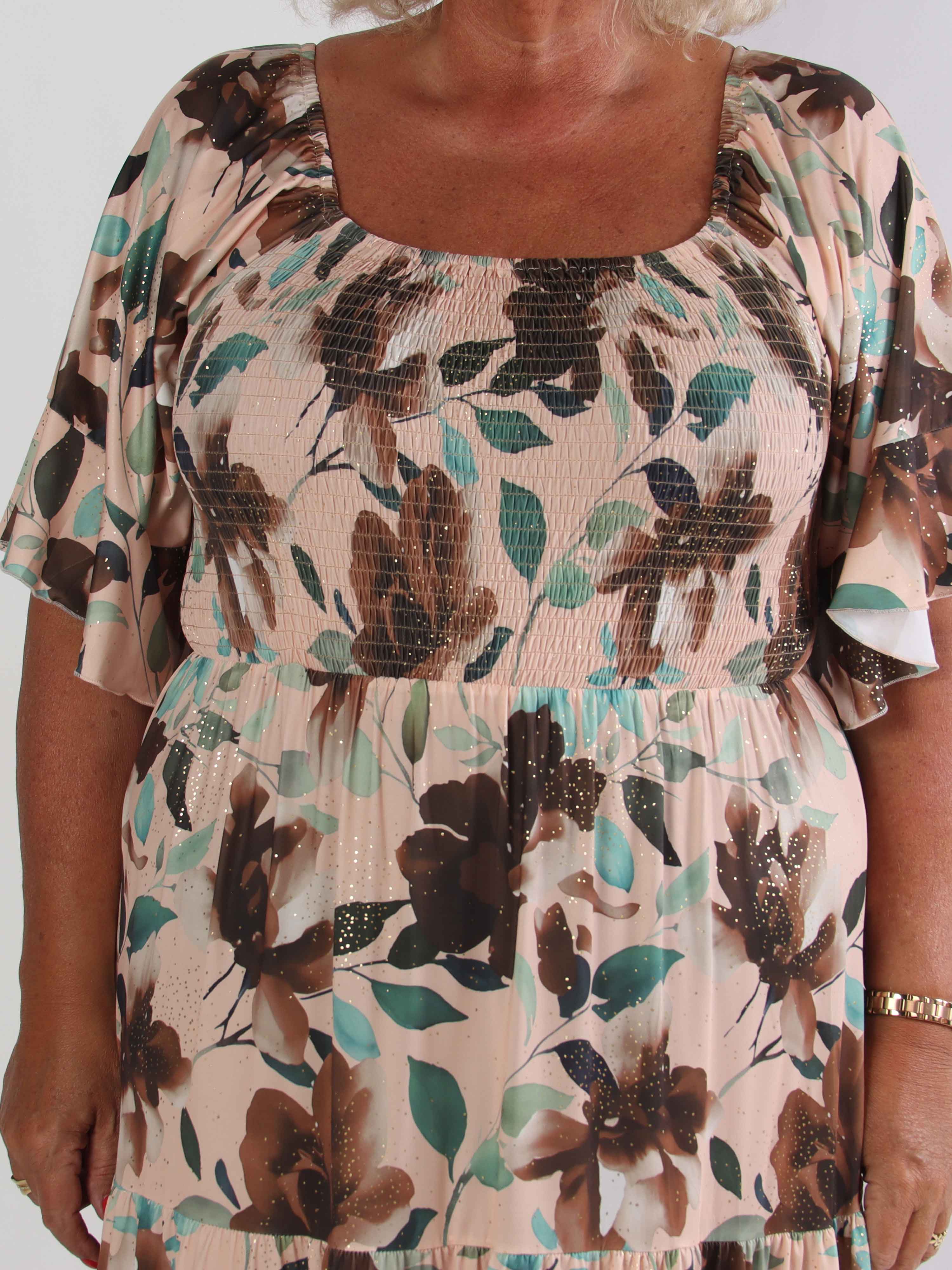 Elna Fiore - Blommig elastisk plus size klänning med smock över bysten