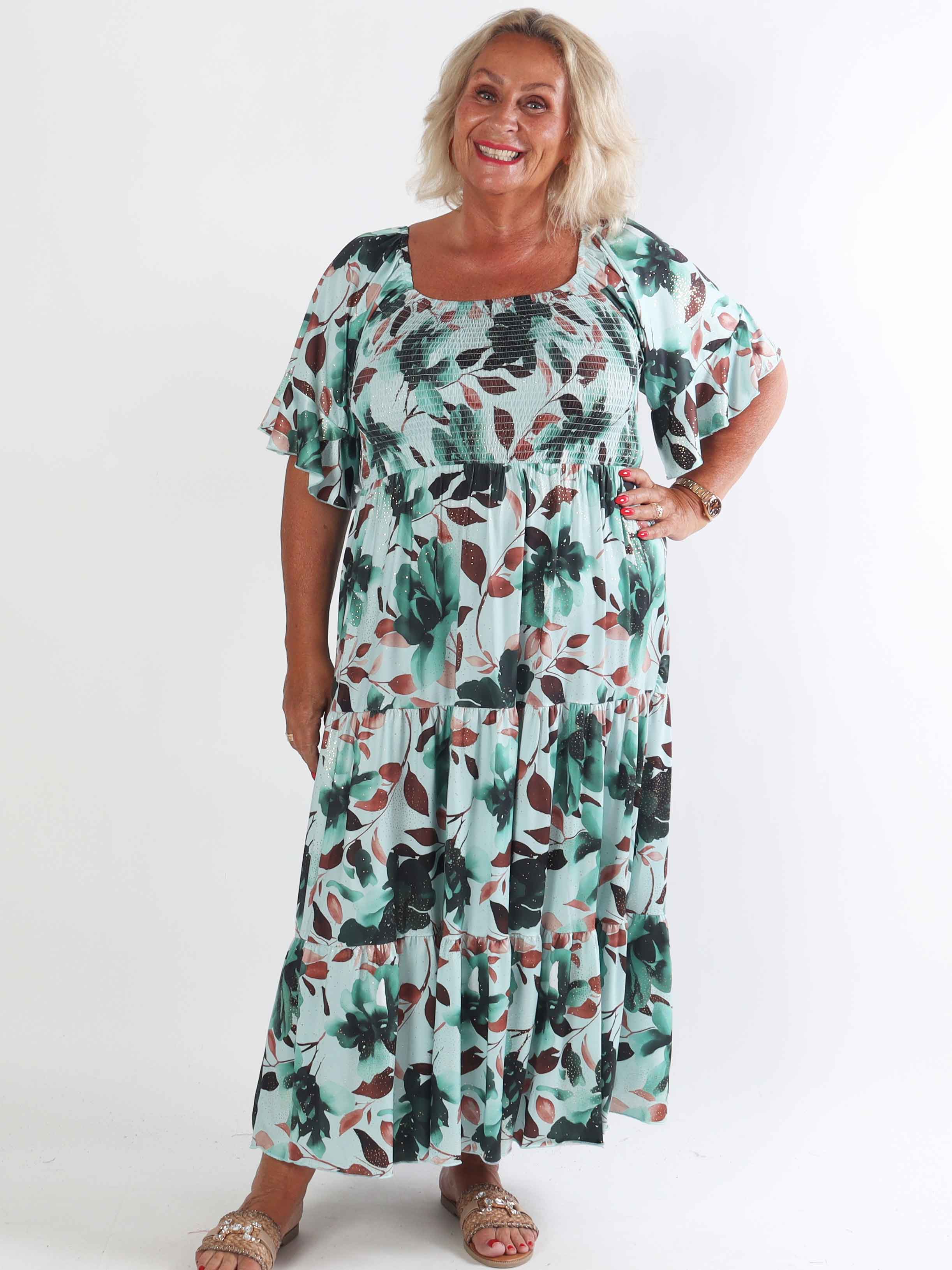 Elna Fiore - Blommig elastisk plus size klänning med smock över bysten