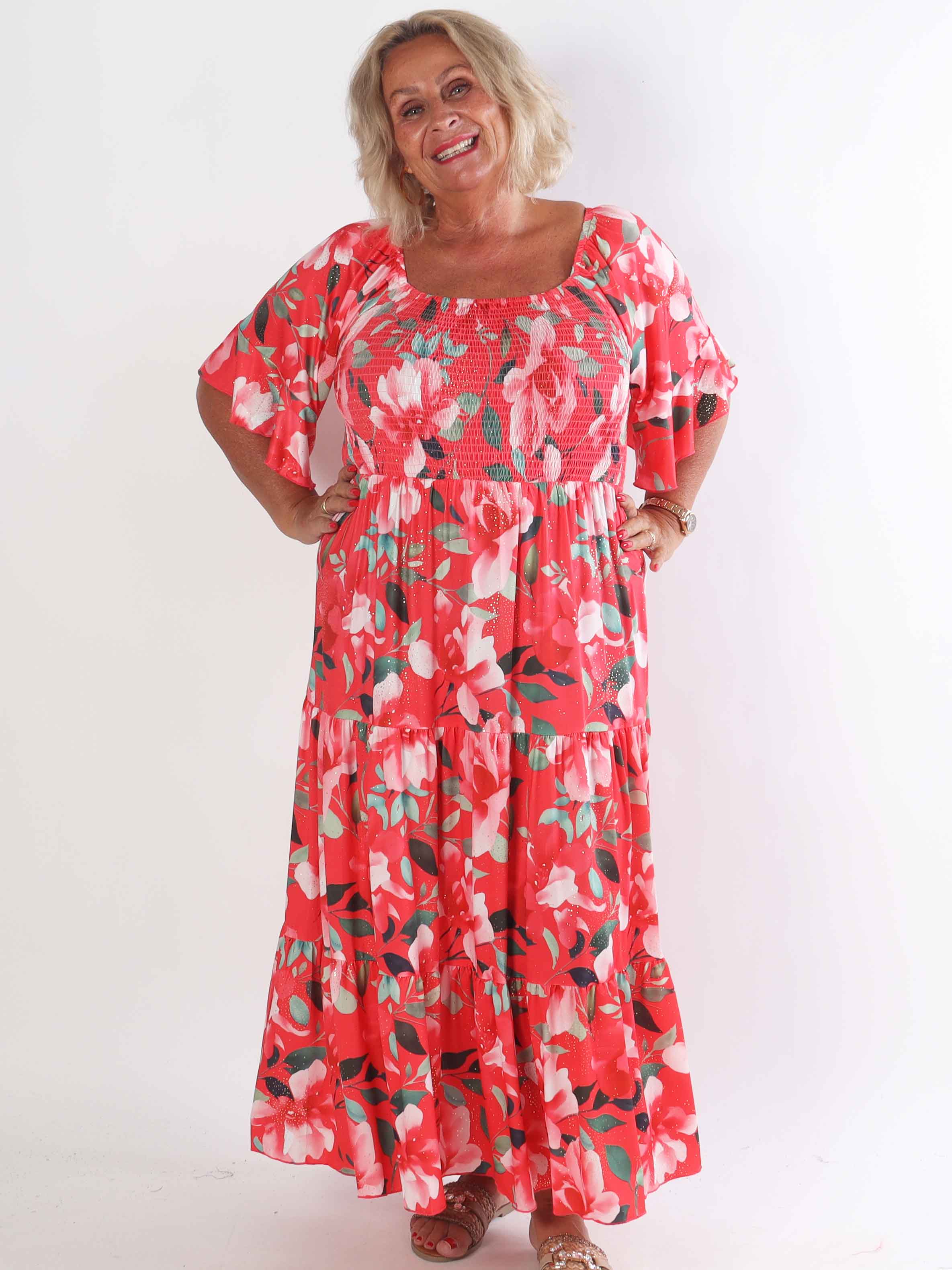 Elna Fiore - Blommig elastisk plus size klänning med smock över bysten