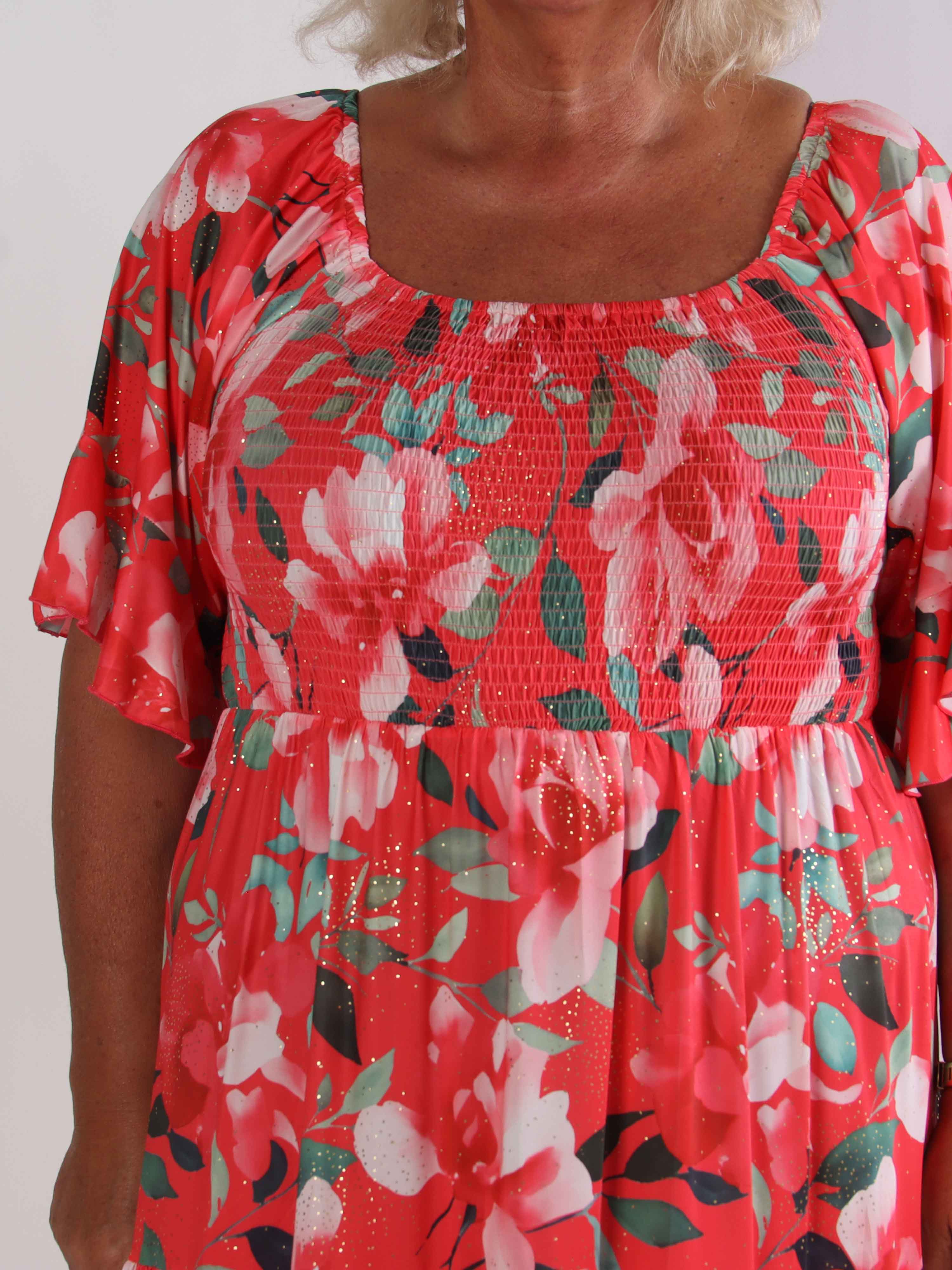 Elna Fiore - Blommig elastisk plus size klänning med smock över bysten