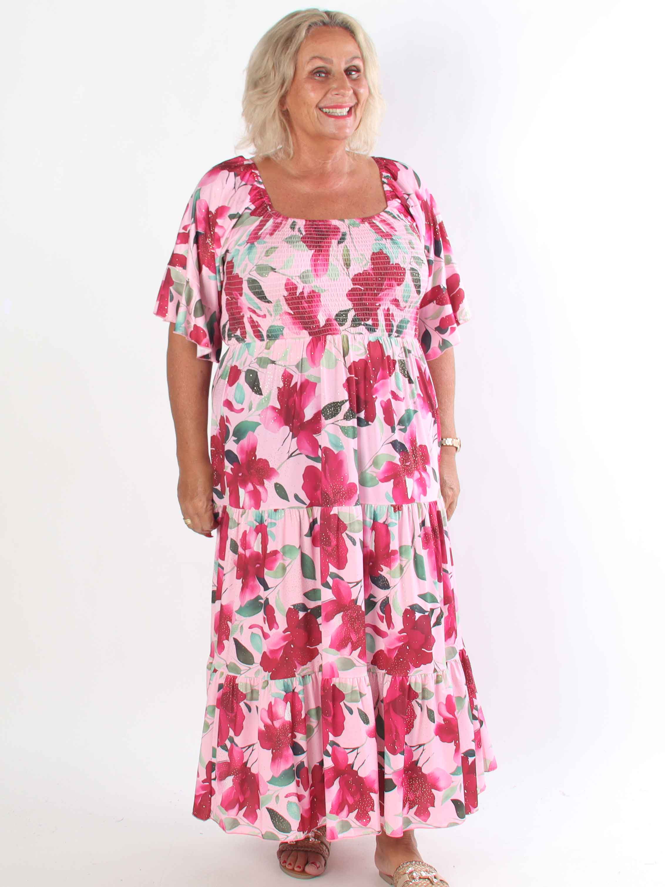 Elna Fiore - Blommig elastisk plus size klänning med smock över bysten