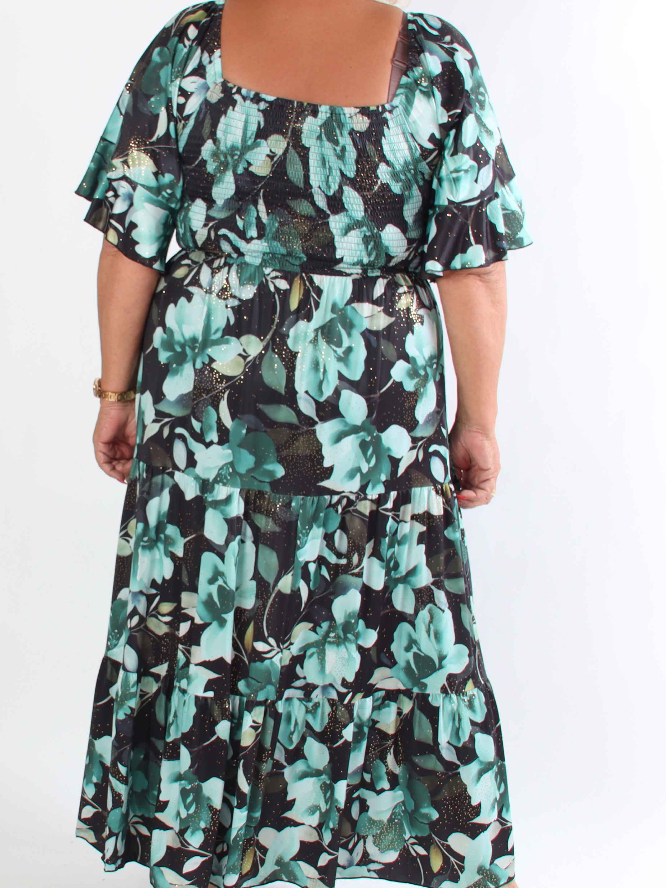 Elna Fiore - Blommig elastisk plus size klänning med smock över bysten