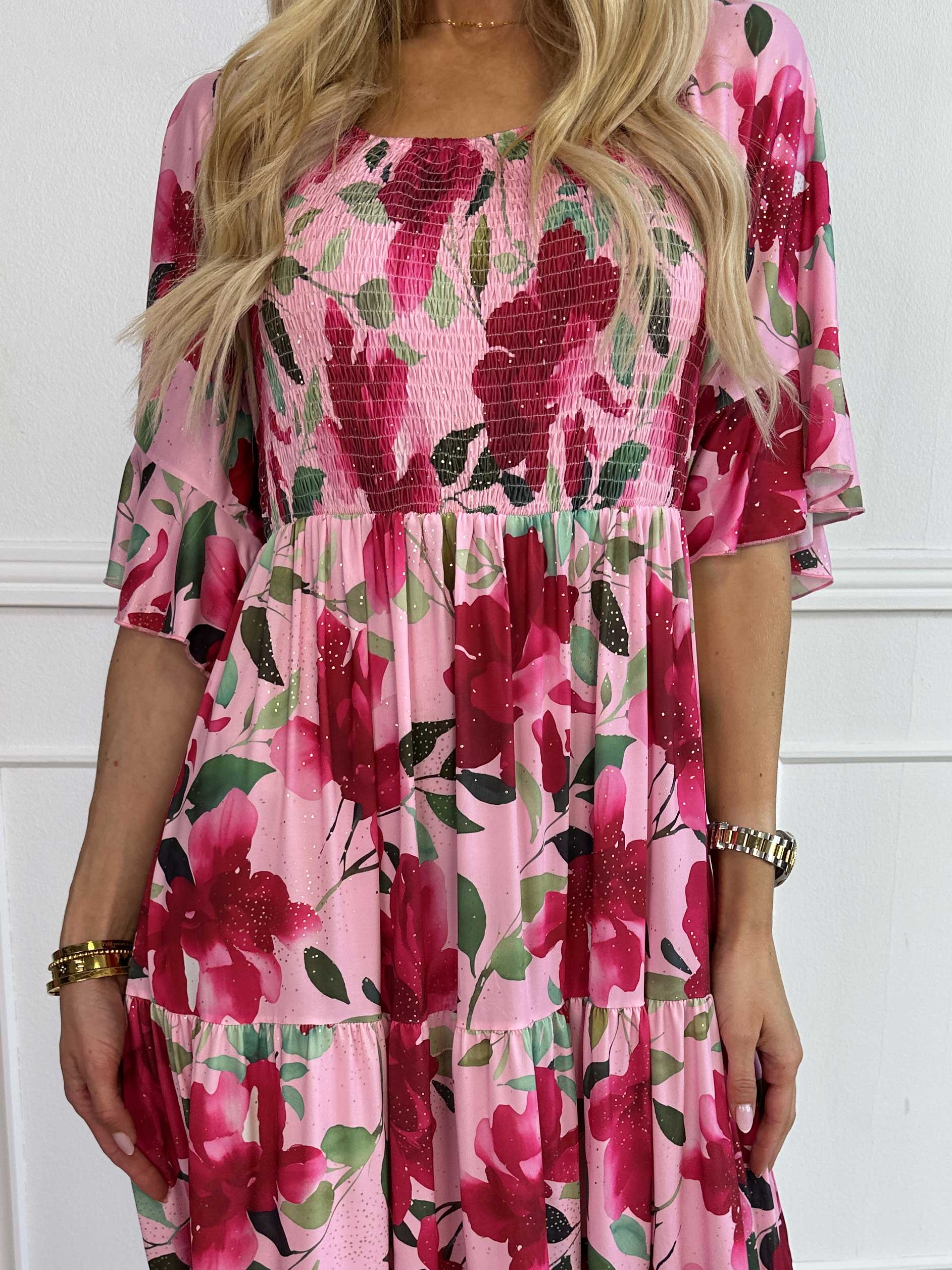 Elna Fiore - Blommig elastisk klänning med smock över bysten