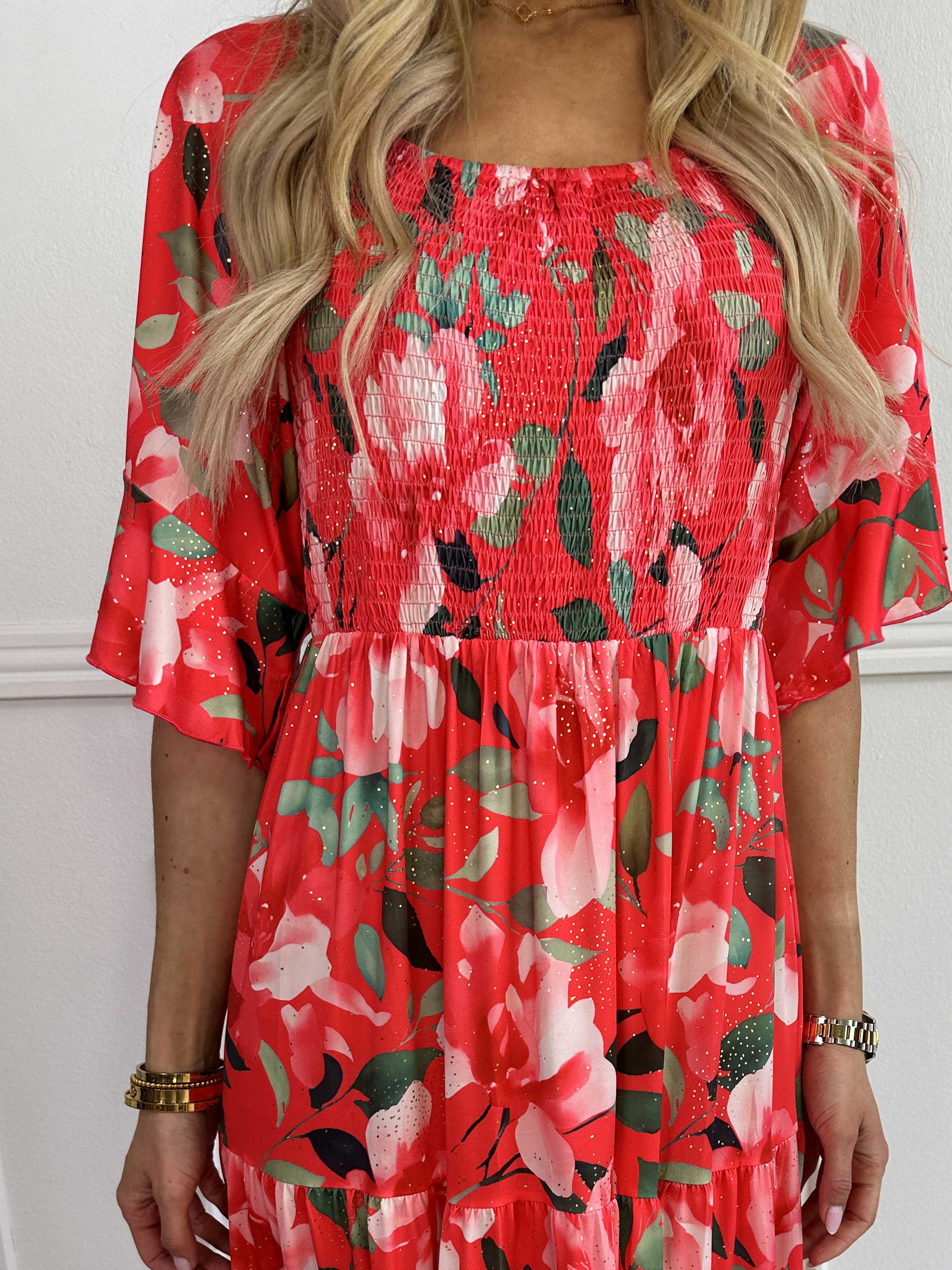 Elna Fiore - Blommig elastisk klänning med smock över bysten