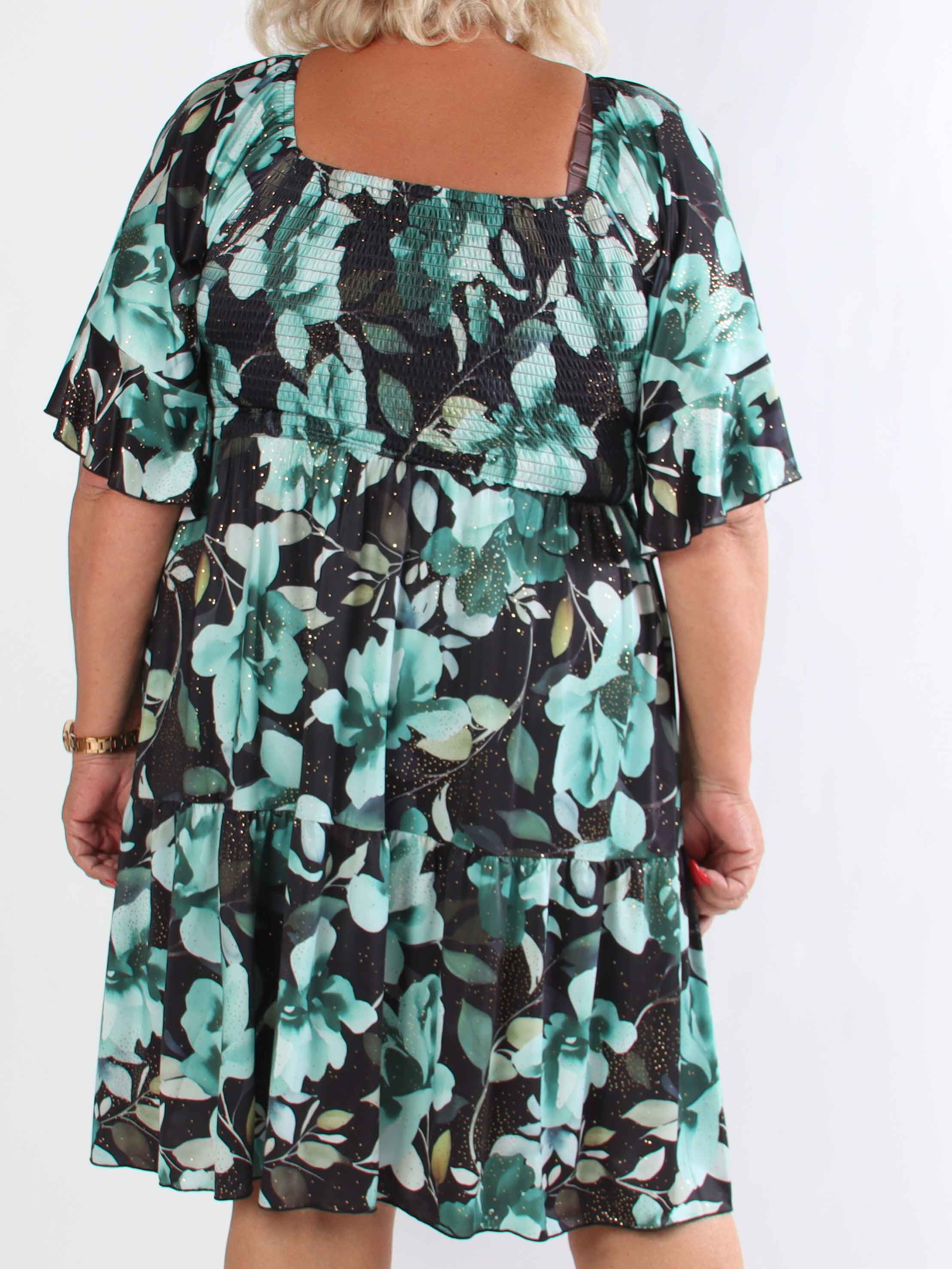 Elna Fiore Short - Blommig elastisk plus size klänning med smock över bysten