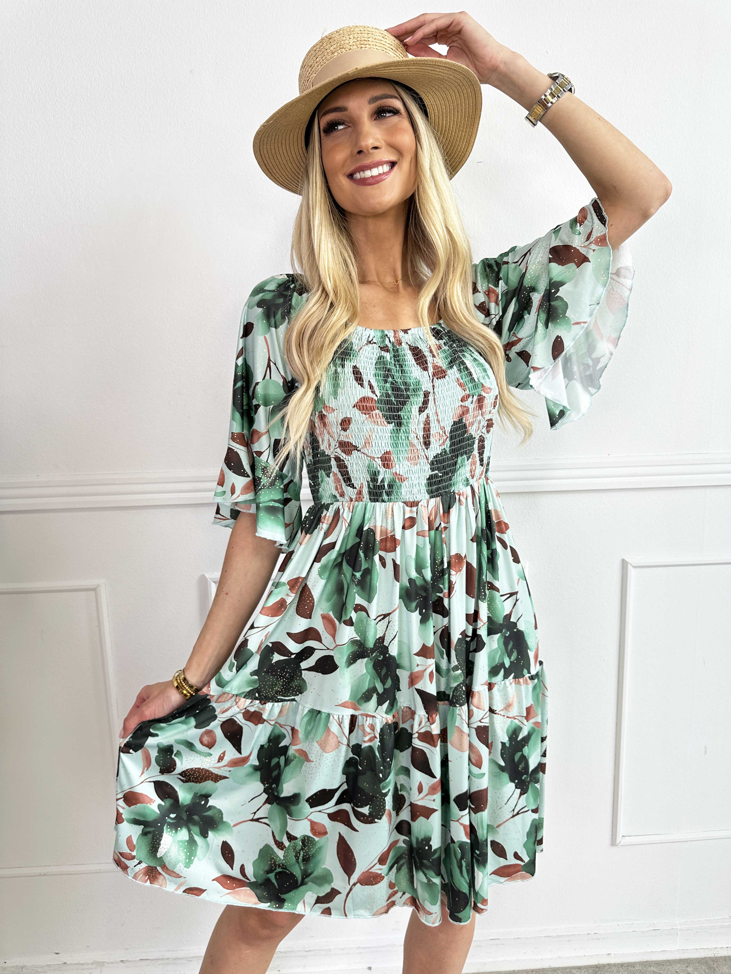 Elna Fiore Short - Blommig elastisk klänning med smock över bysten