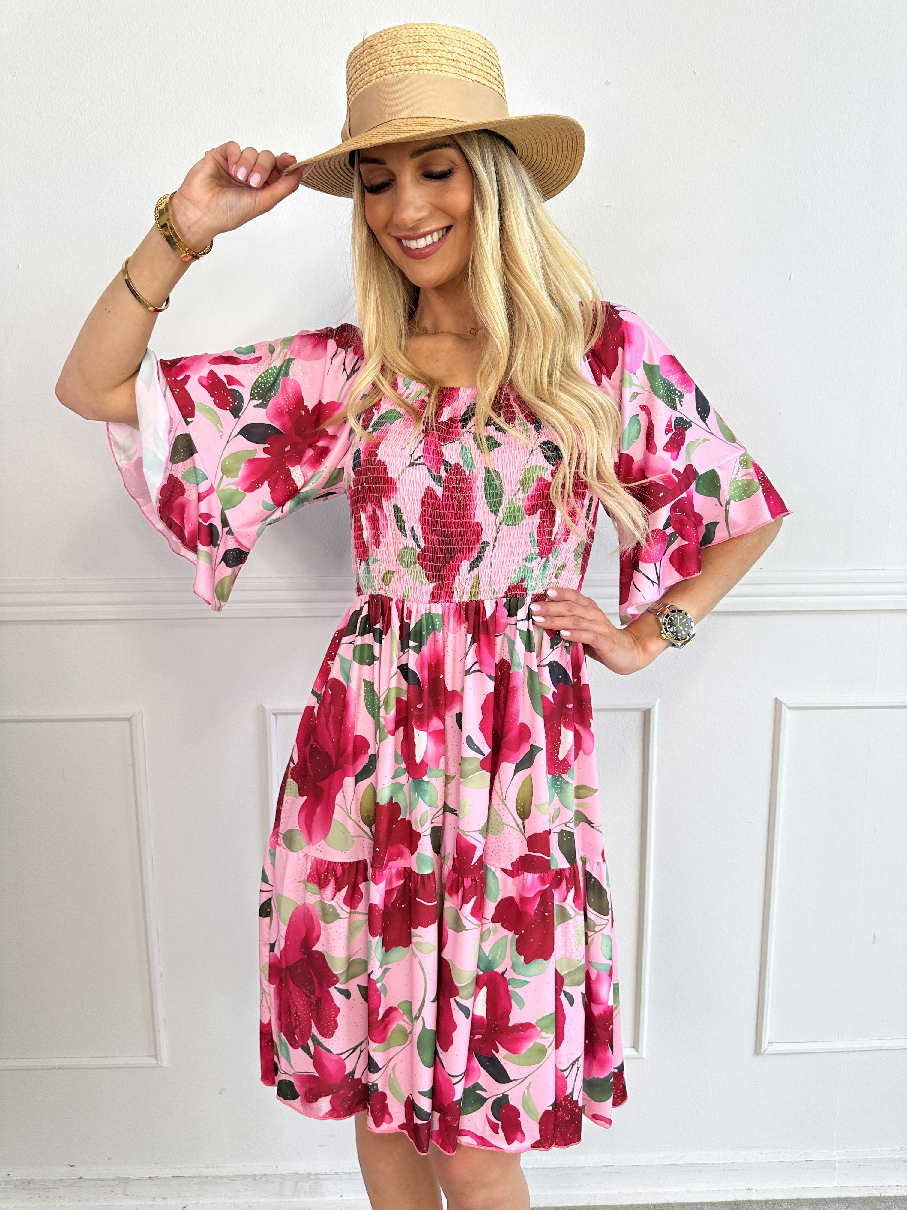 Elna Fiore Short - Blommig elastisk klänning med smock över bysten