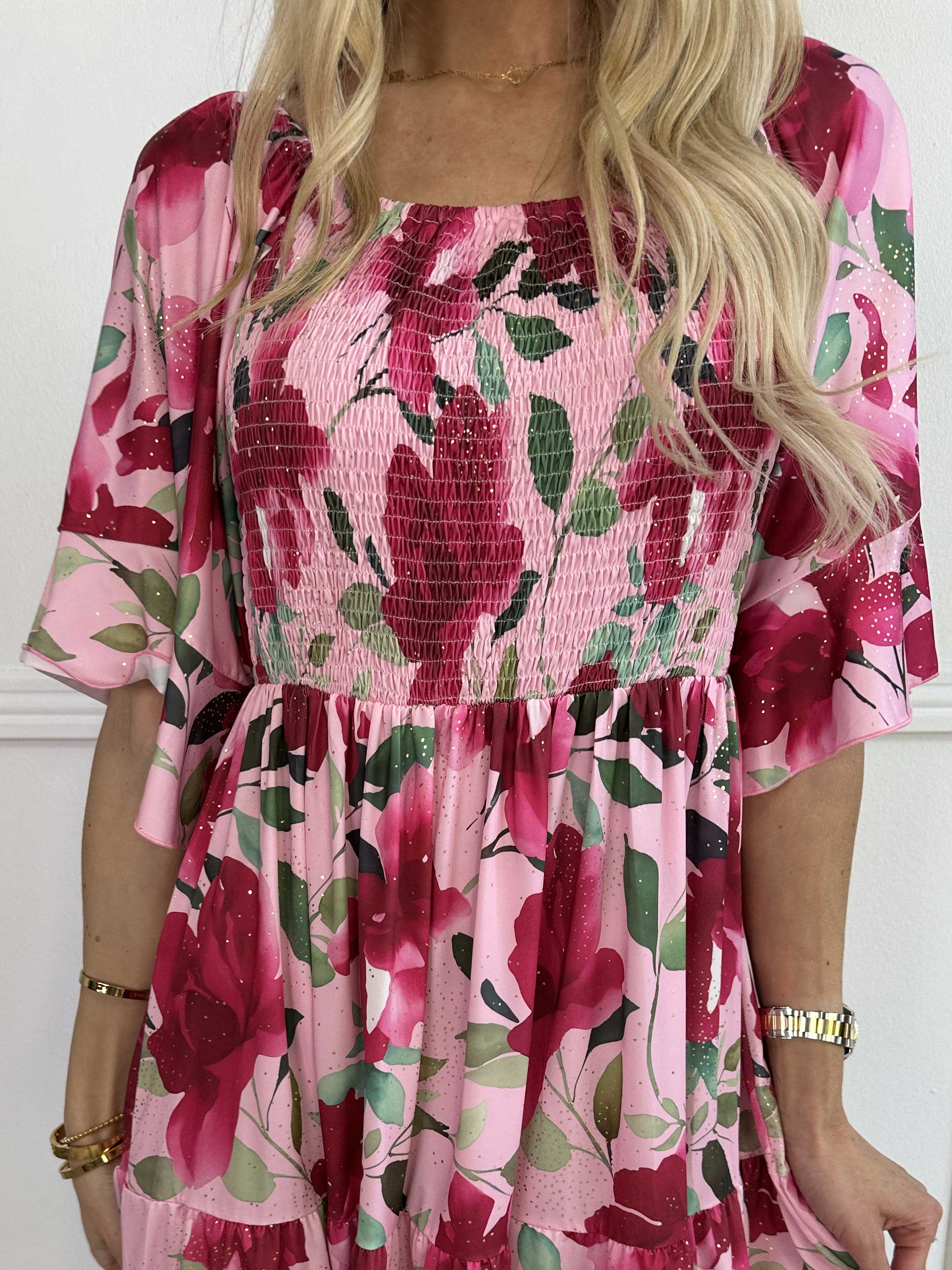 Elna Fiore Short - Blommig elastisk klänning med smock över bysten