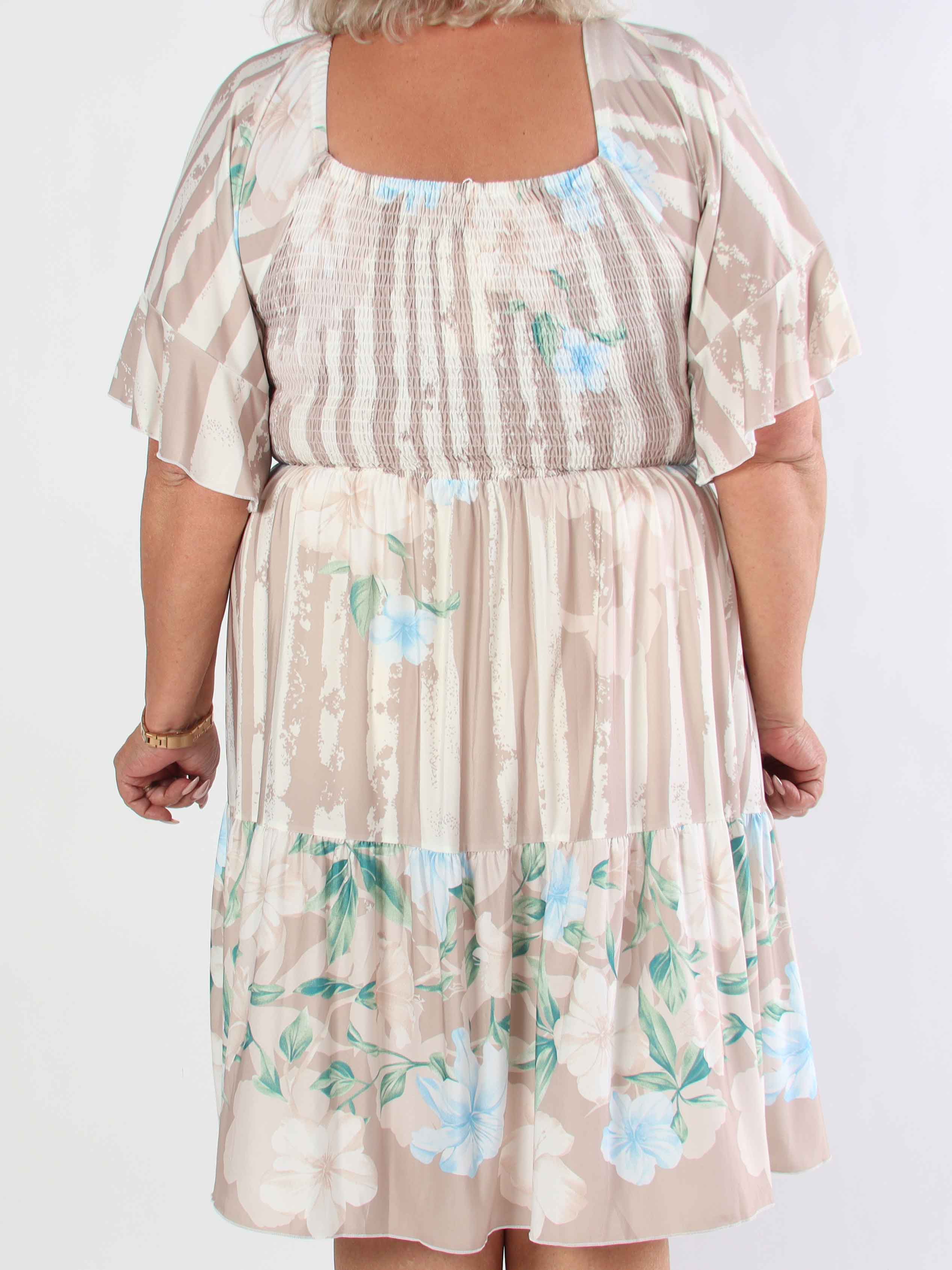 Elna Floral Stripe Short - Elastisk plus size klänning med smockat bröst
