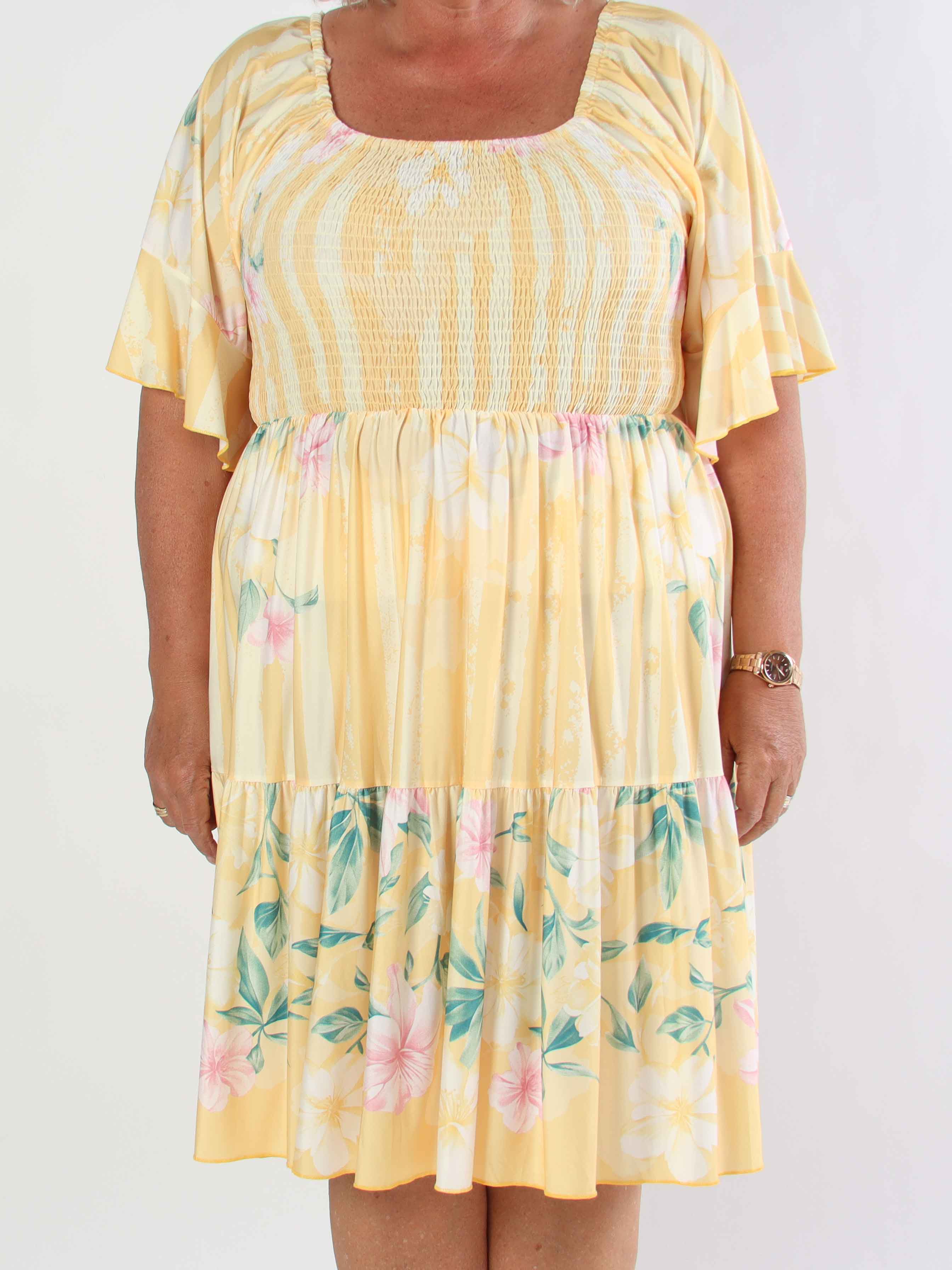 Elna Floral Stripe Short - Elastisk plus size klänning med smockat bröst