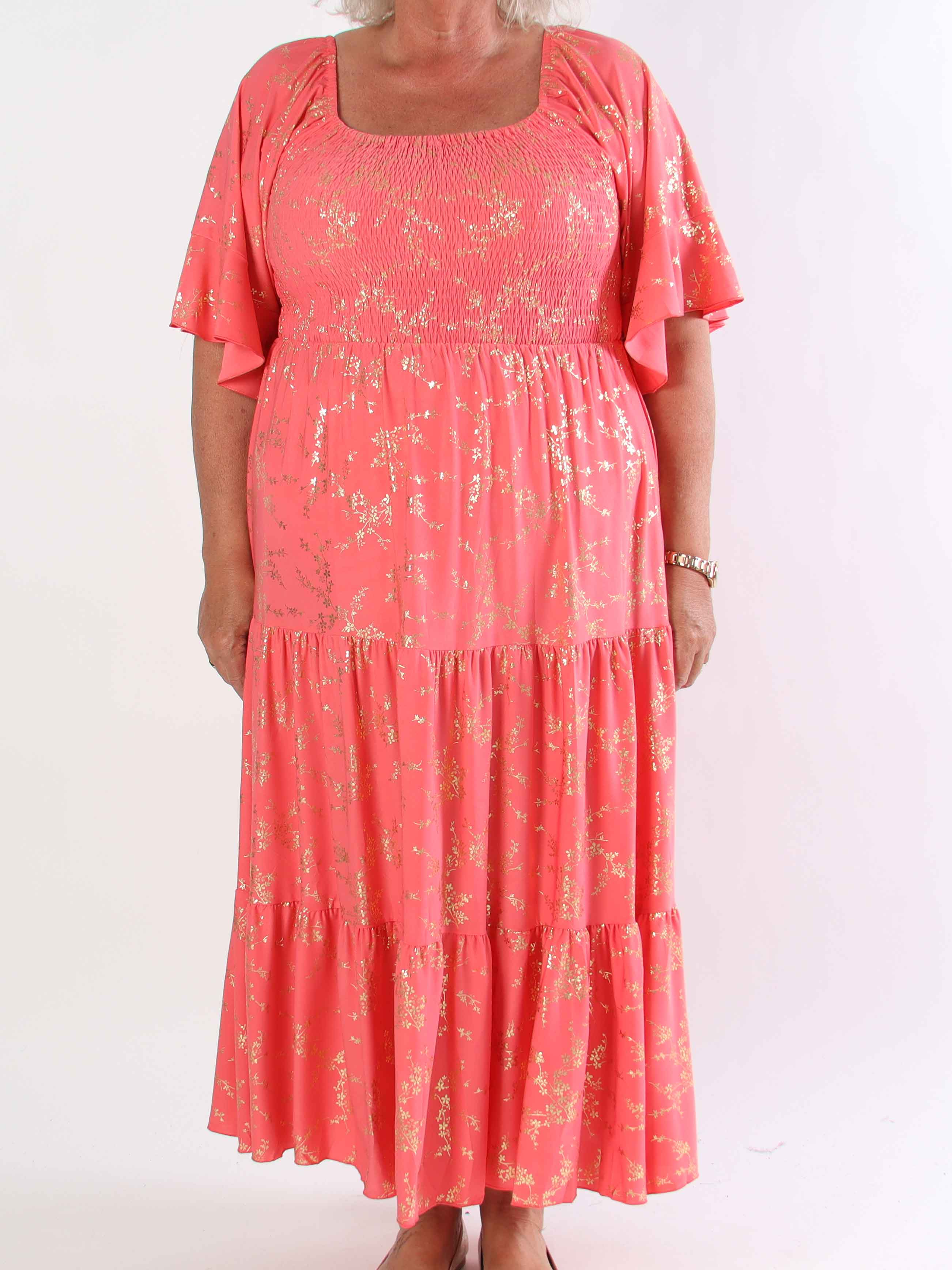 Elna Gold - Enfärgad plus size klänning med resår och guldmönster