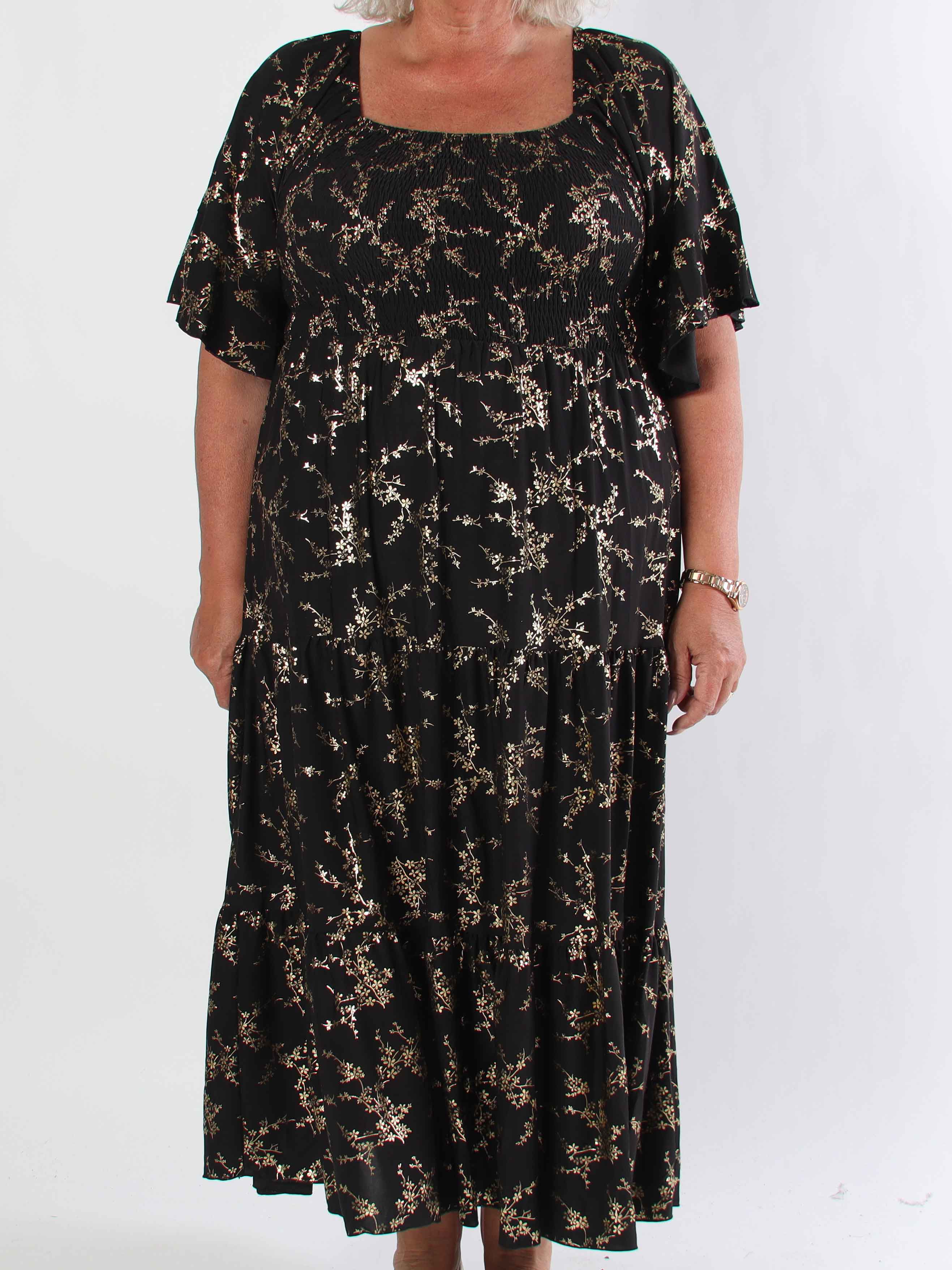 Elna Gold - Enfärgad plus size klänning med resår och guldmönster