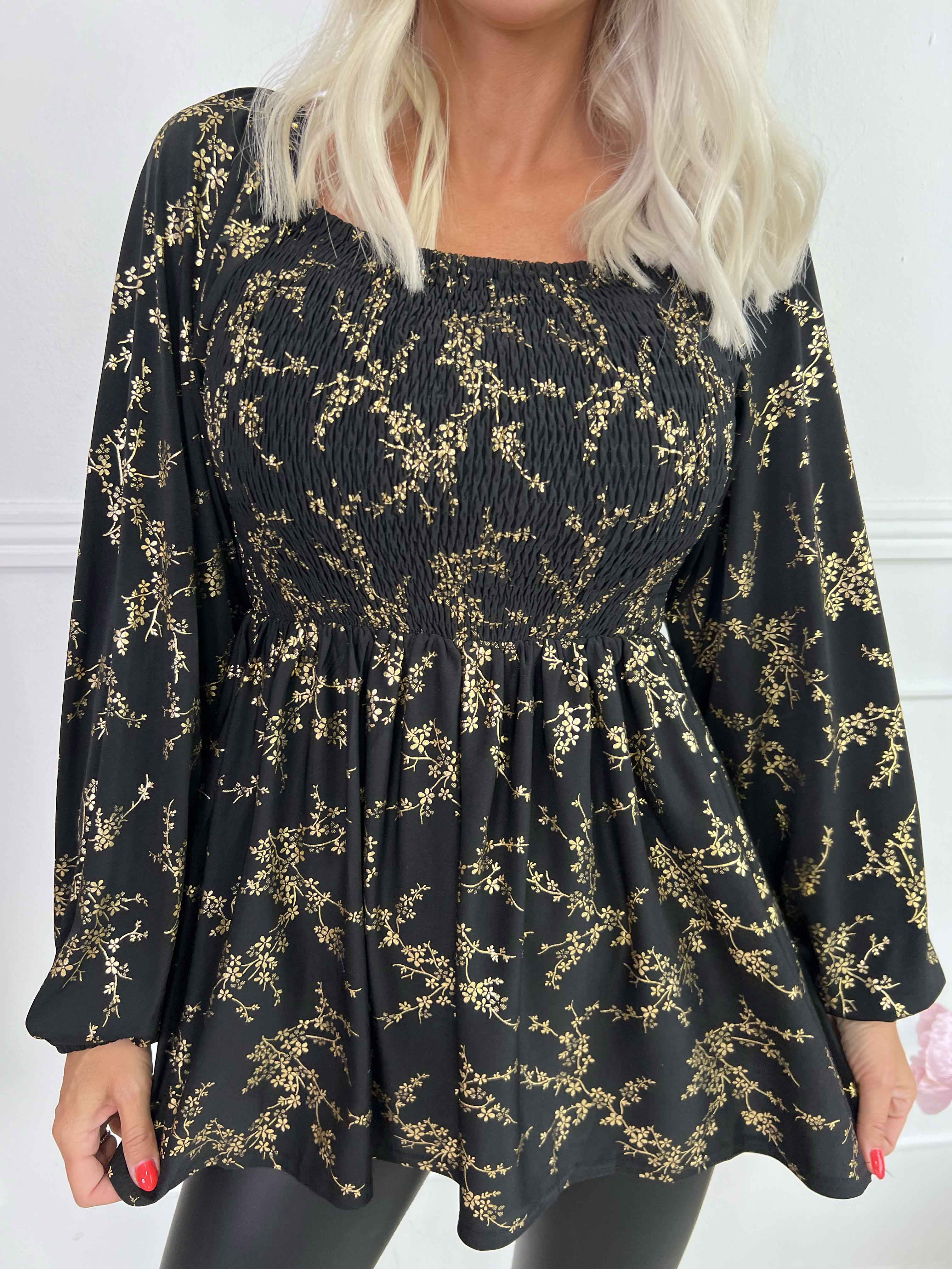 Elna Gold Shirt L/S - Blus med guldmönster och smock över bysten