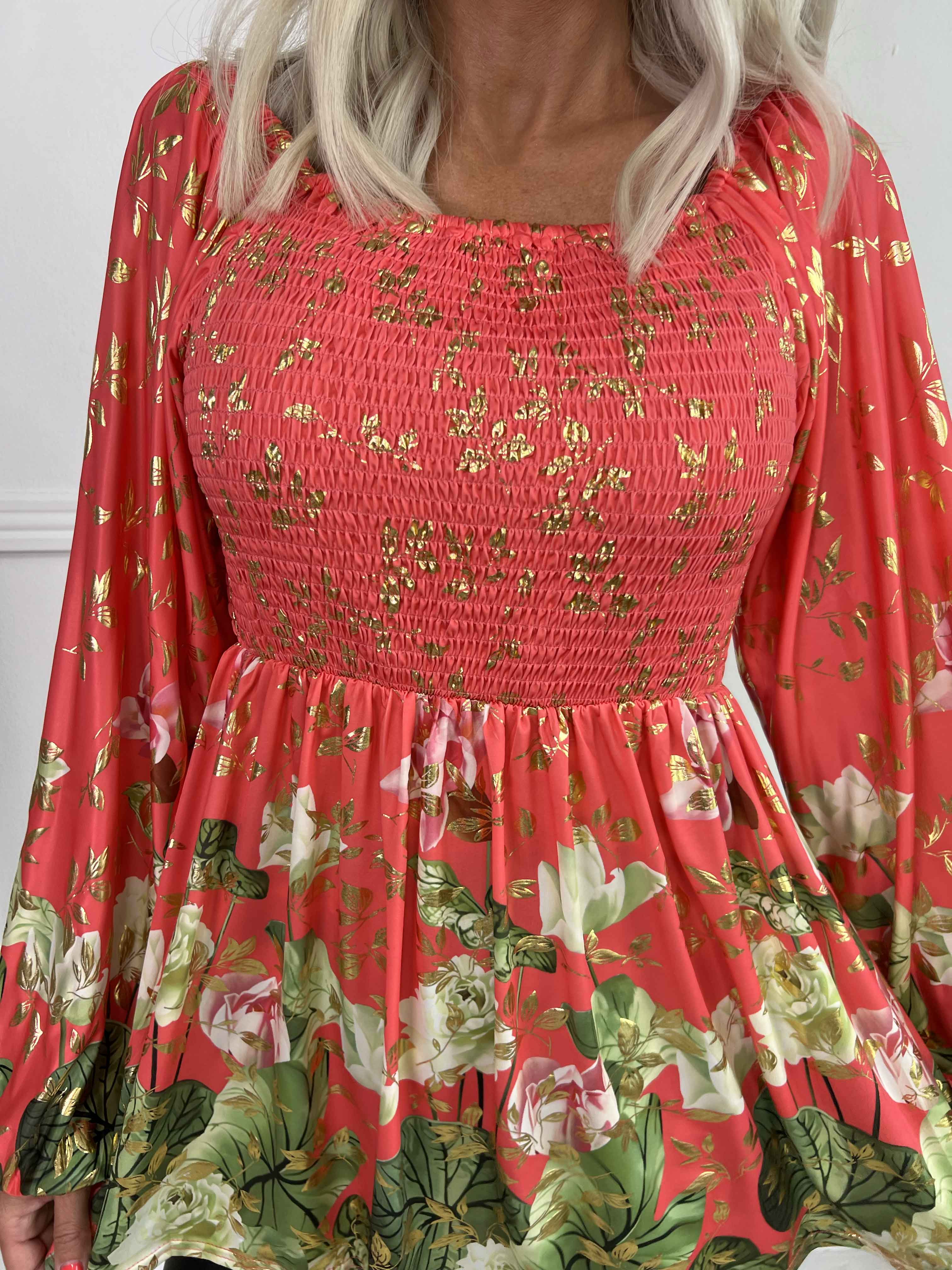 Elna Water Lily Shirt L/S - Elastisk blus med blommigt mönster och smock över bysten