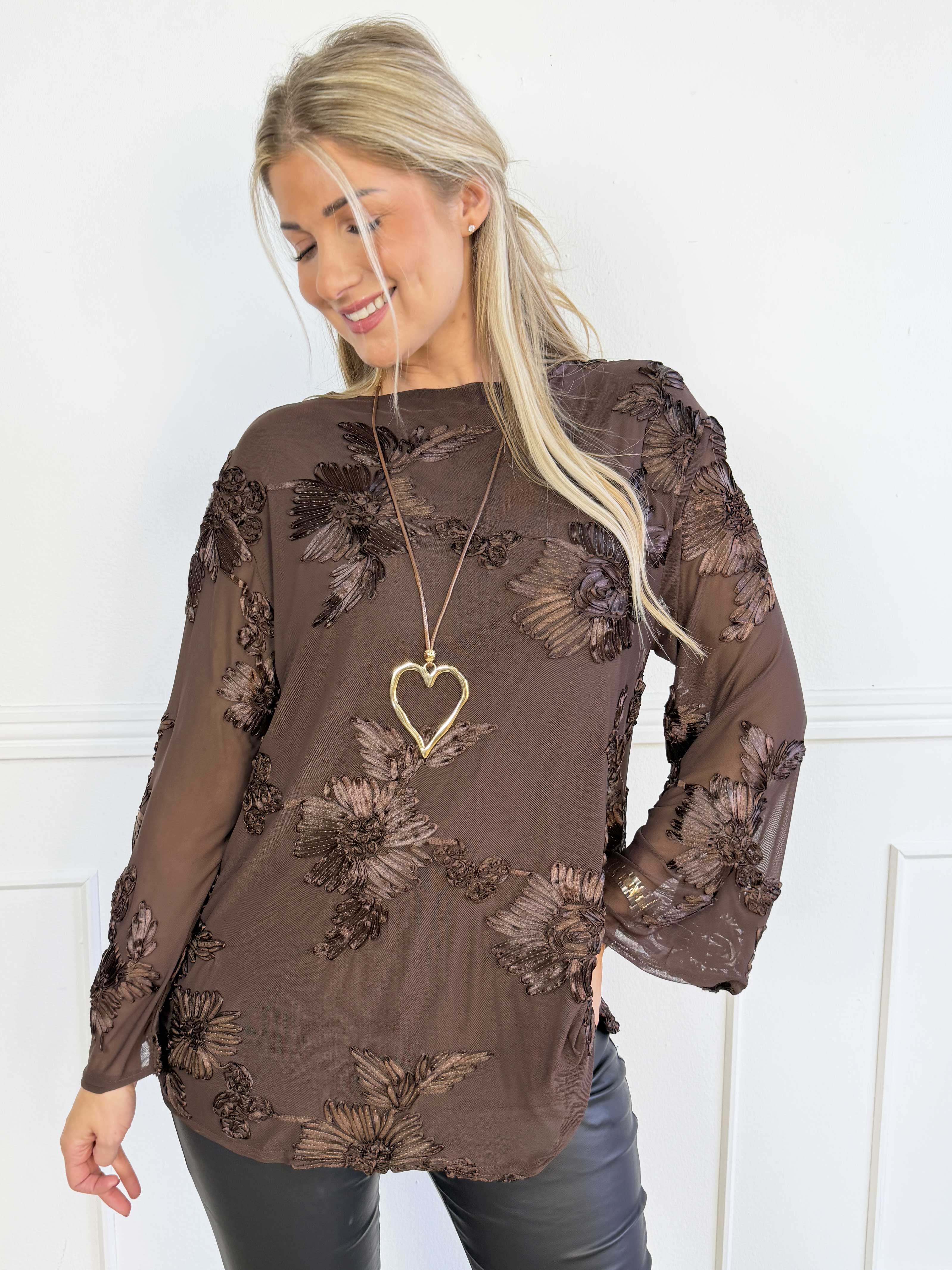 Emilie Flora - Stretchig tunika i mesh med fina blomstermotiv och långa ärmar