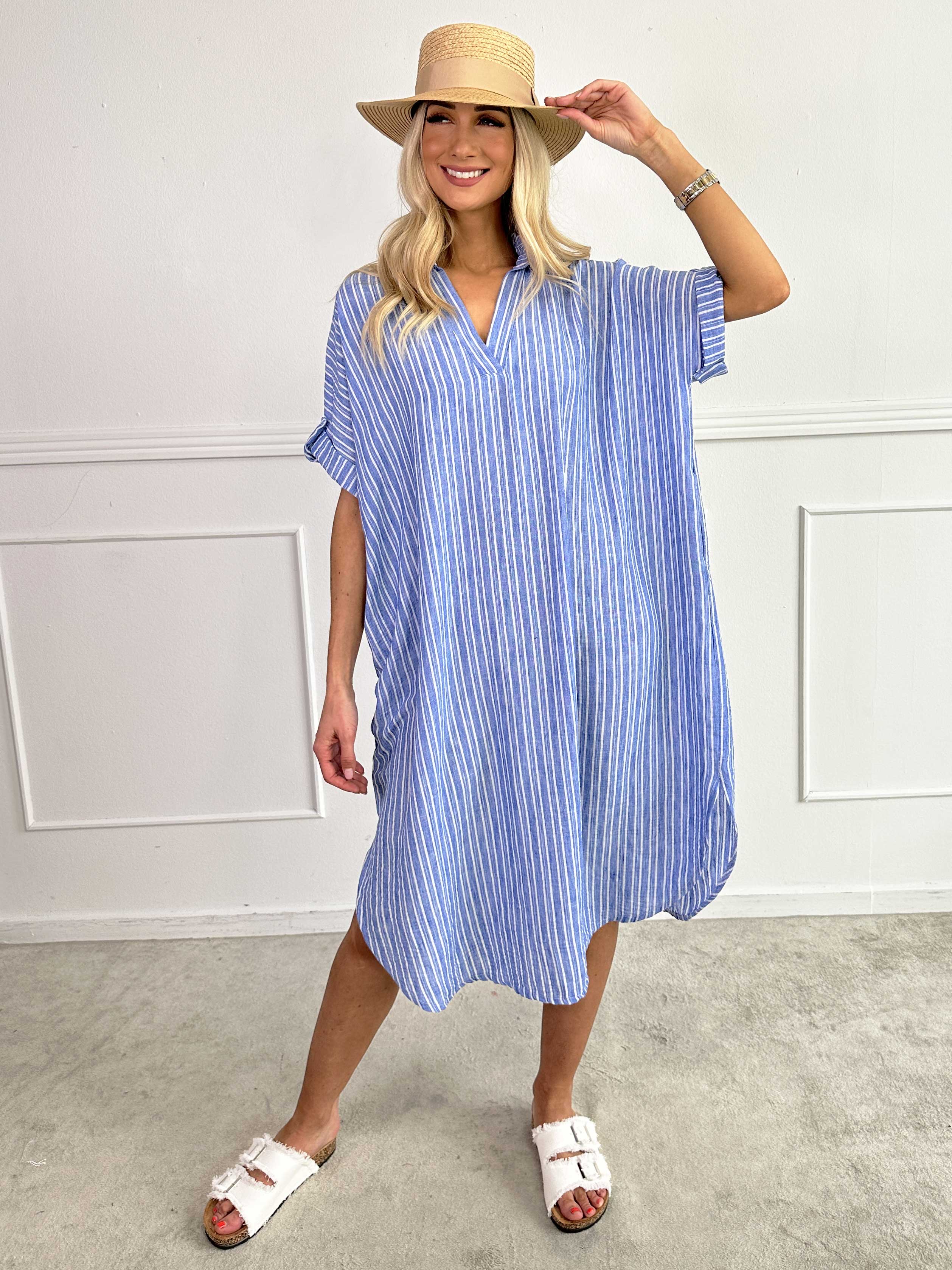 Evelyn - Randig tunikaklänning med skjortkra