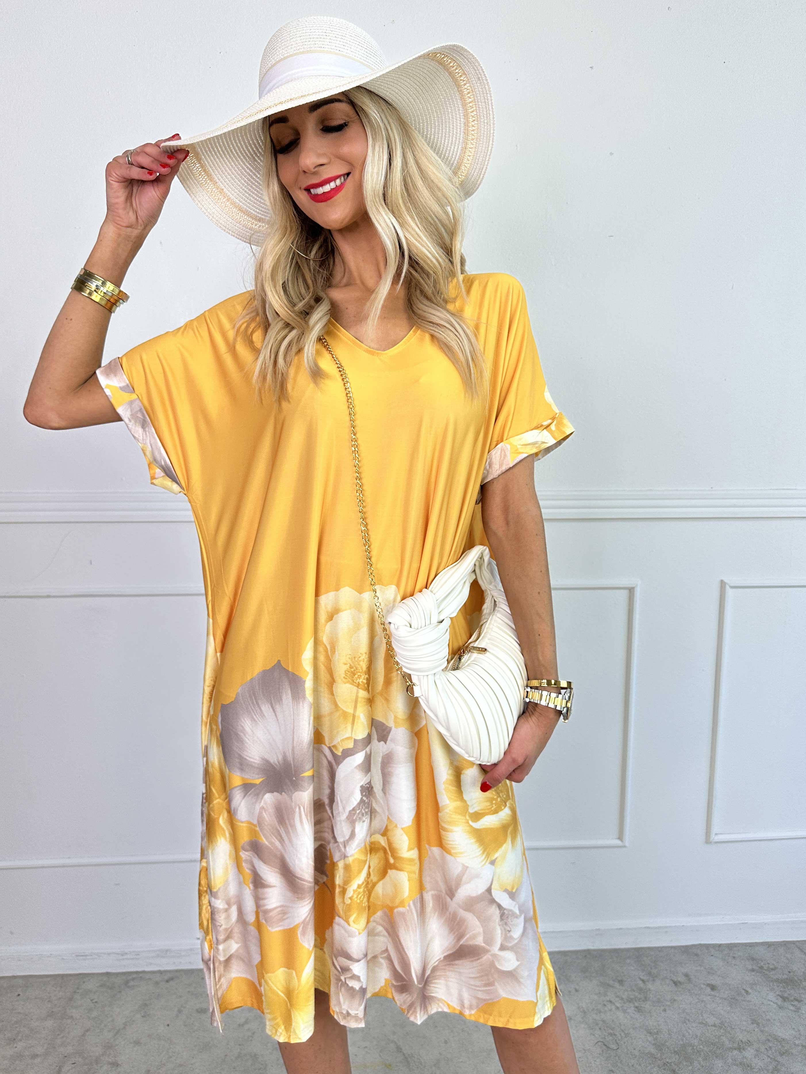 Evie Peony - Lös tunikaklänning i elastiskt tyg med blomstermönster