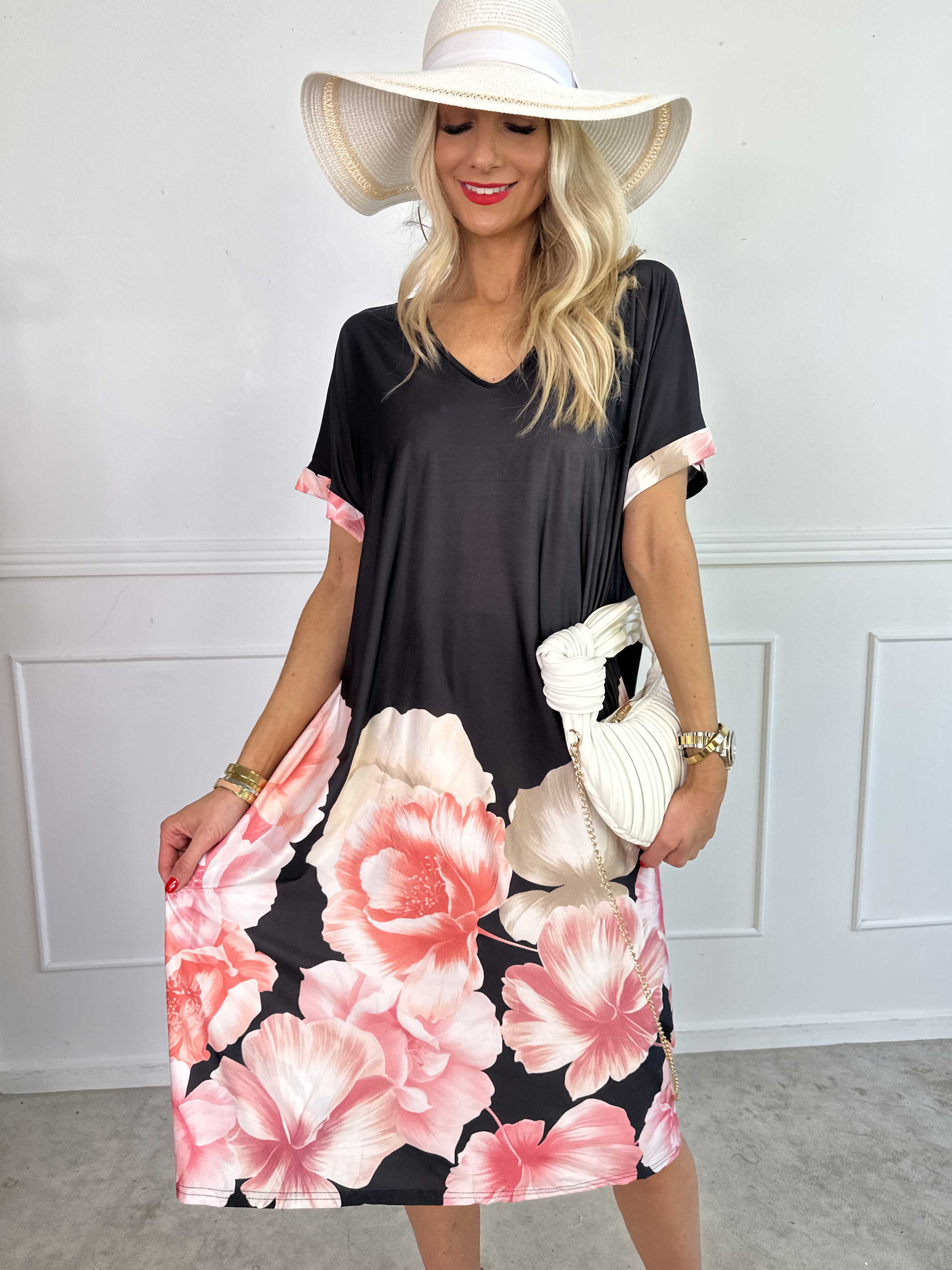 Evie Peony - Lös tunikaklänning i elastiskt tyg med blomstermönster