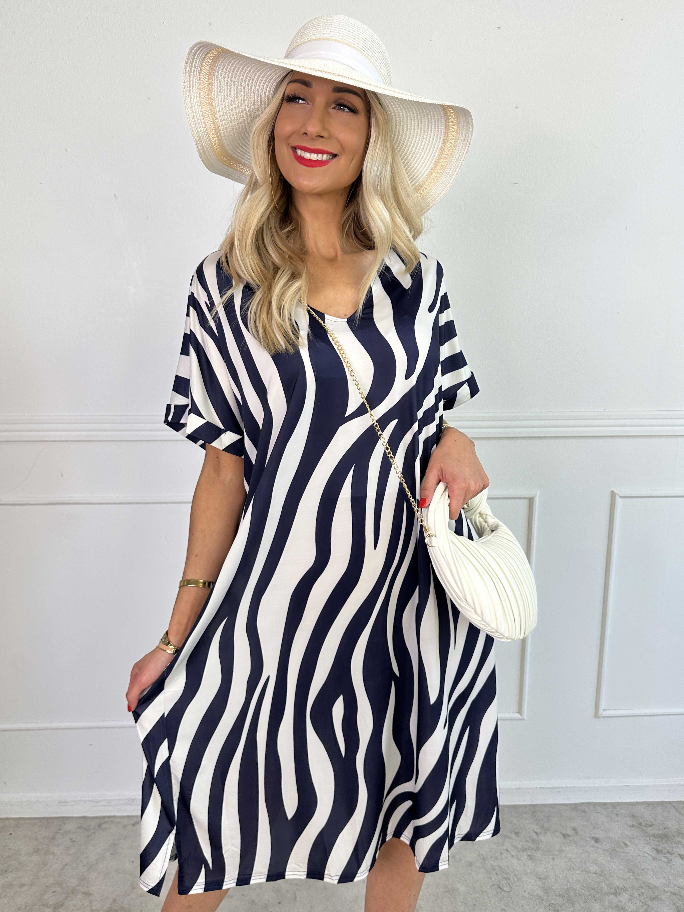 Evie Zebra - Lös tunikaklänning i elastiskt tyg med zebramönster