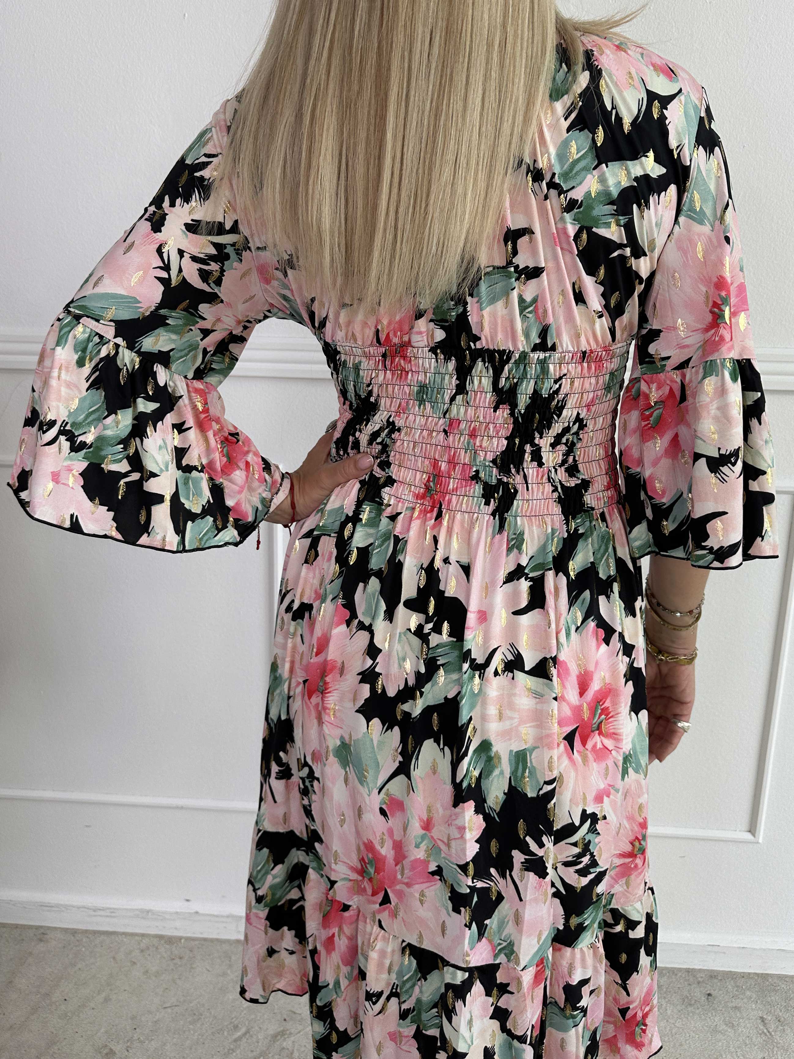 Flora Flower - Elastisk blommig klänning med resår och volang på ärmen