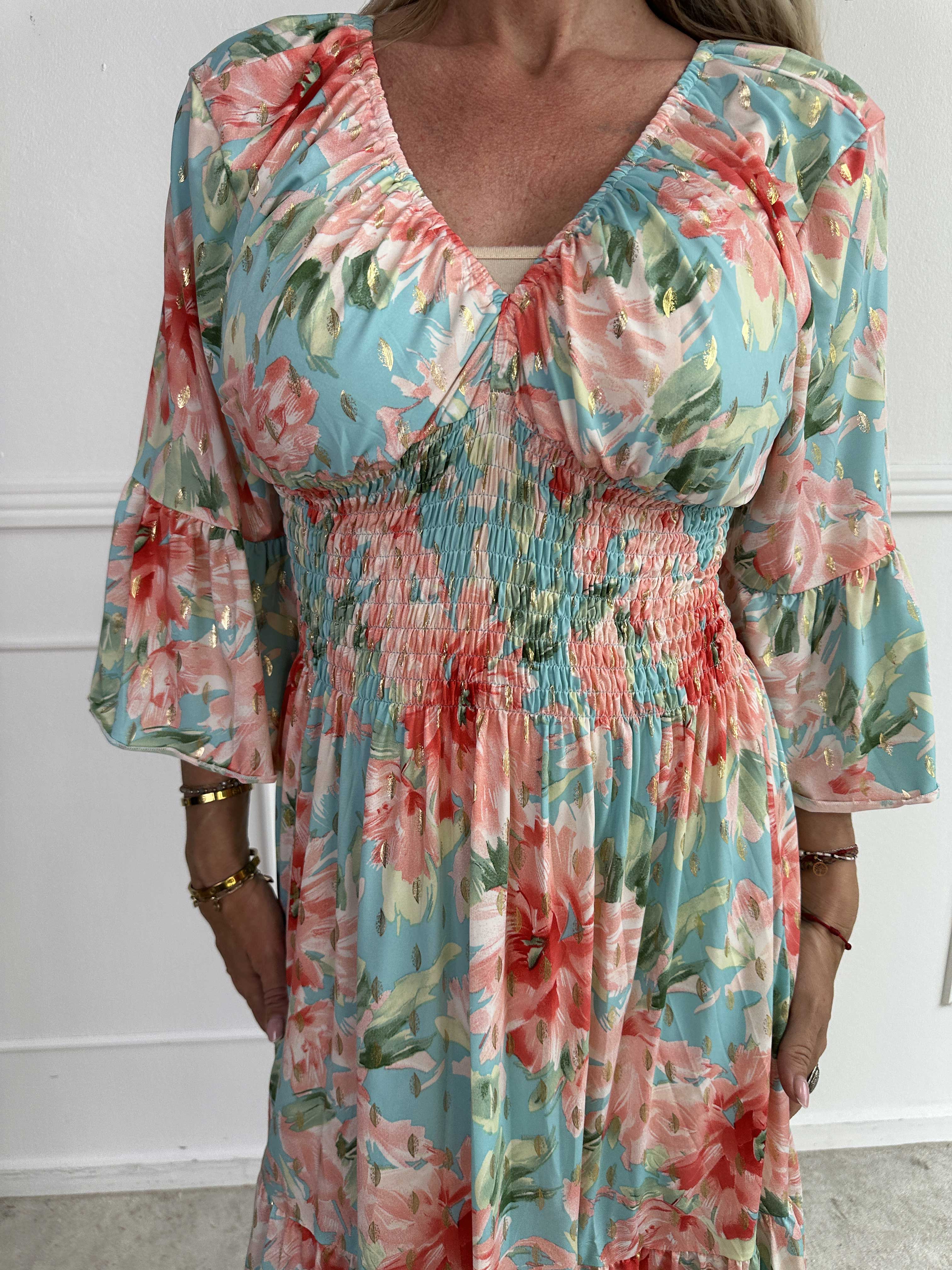 Flora Flower - Elastisk blommig klänning med resår och volang på ärmen