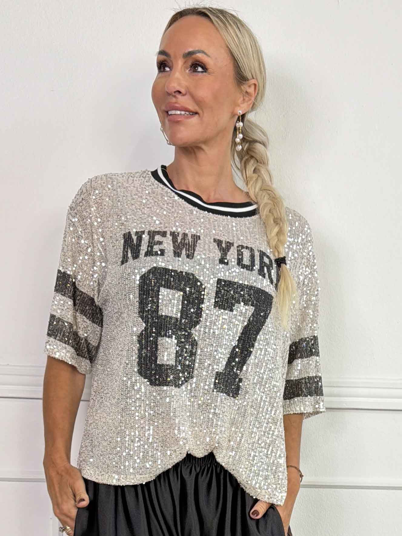 Glam - Festlig och sportig tröja med glittrande paljetter, NEW YORK-text och en stor siffra på magen