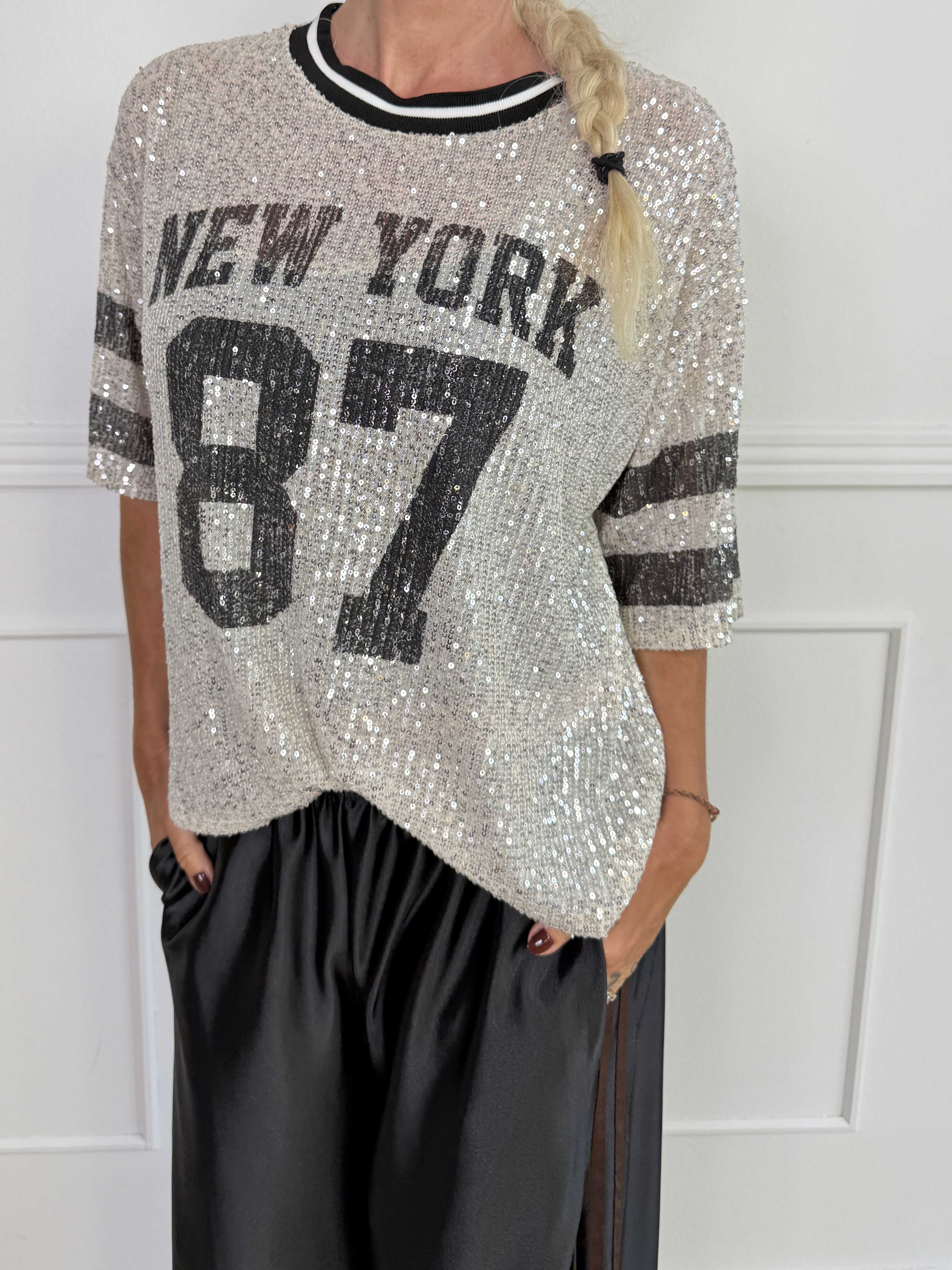 Glam - Festlig och sportig tröja med glittrande paljetter, NEW YORK-text och en stor siffra på magen
