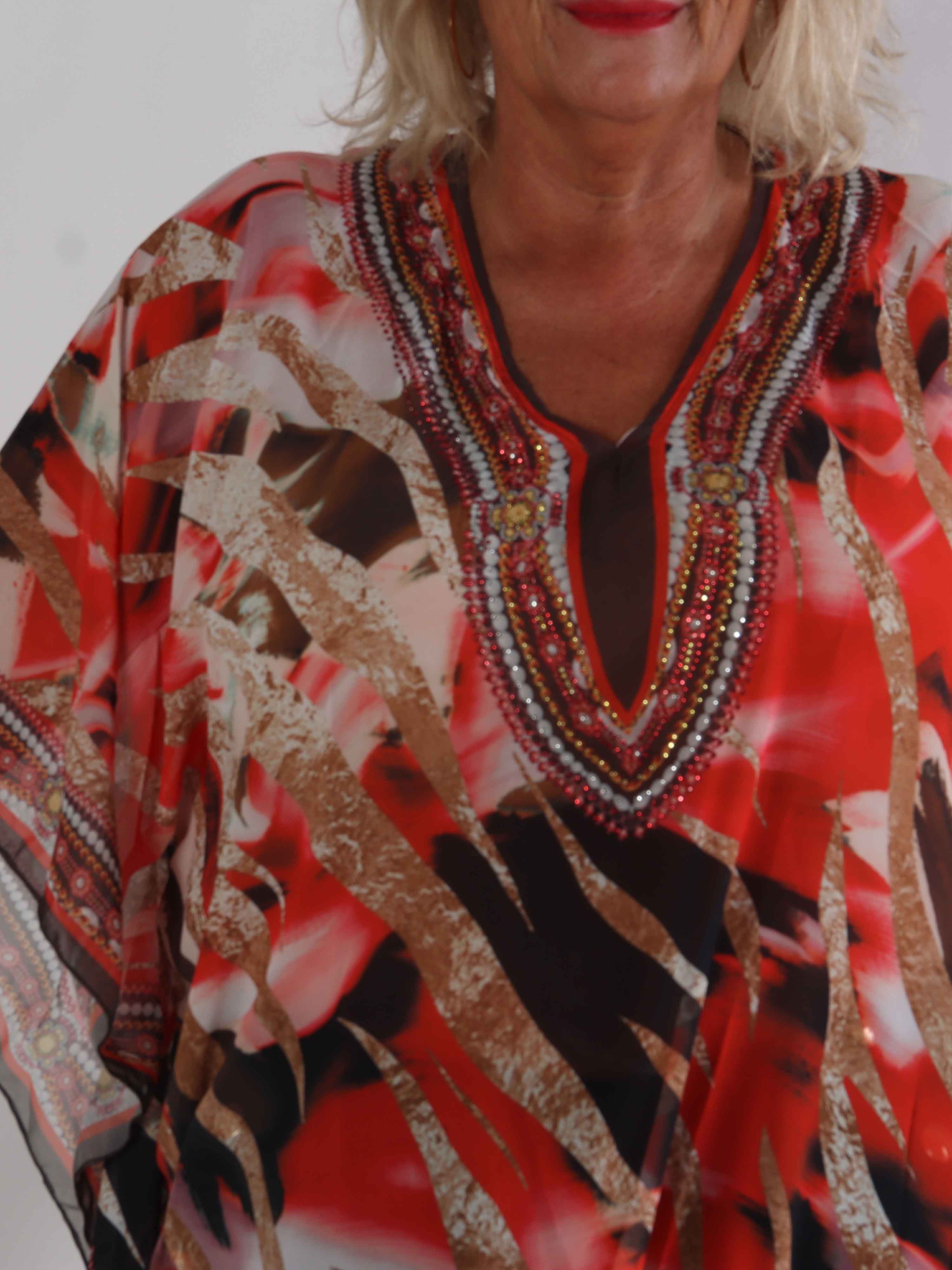 Harmonia - Mønstret plus size tunika i chiffon med similisten