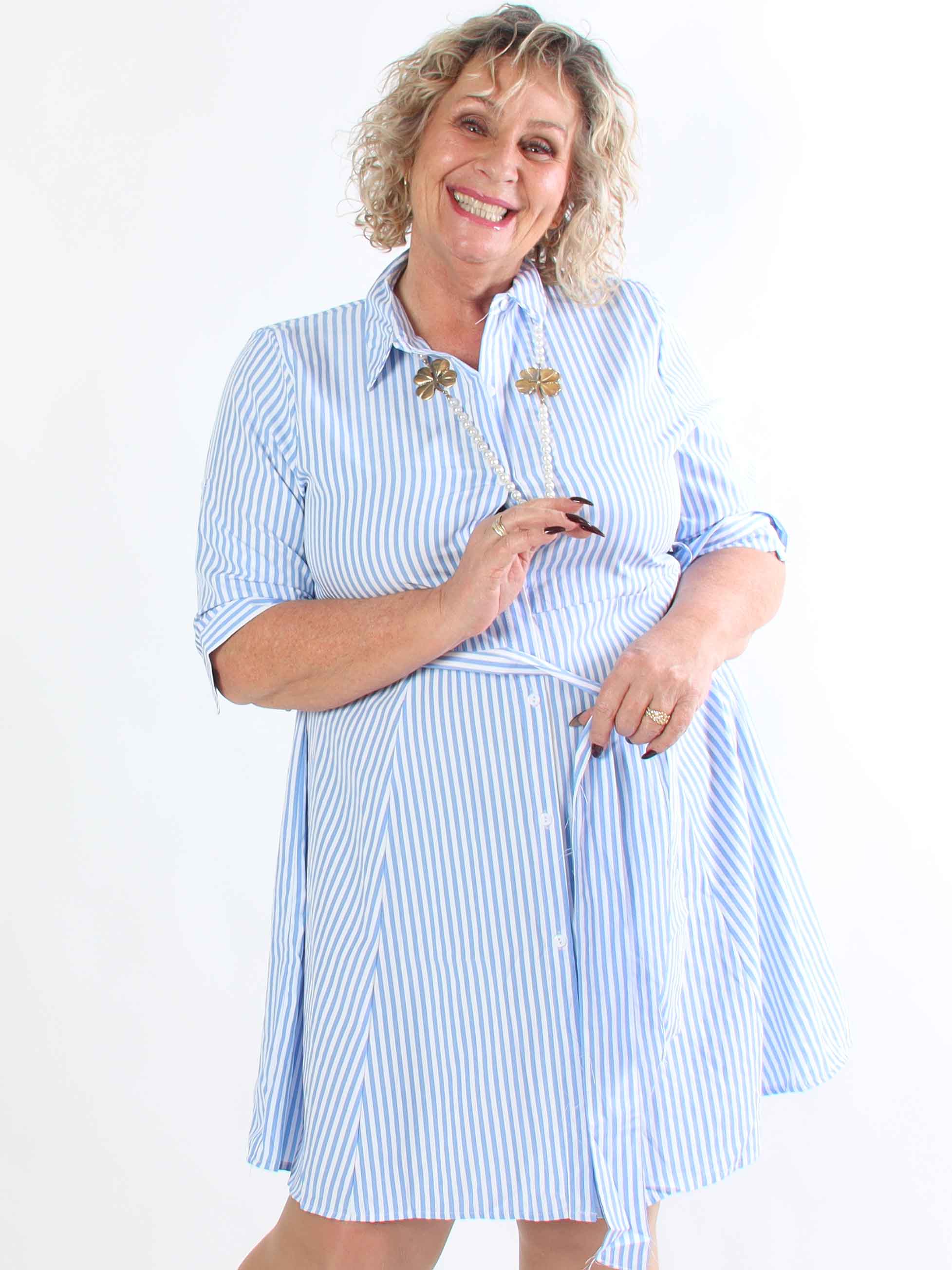 Hilma - Stribet skjortekjole i a-facon med bindebånd i livet