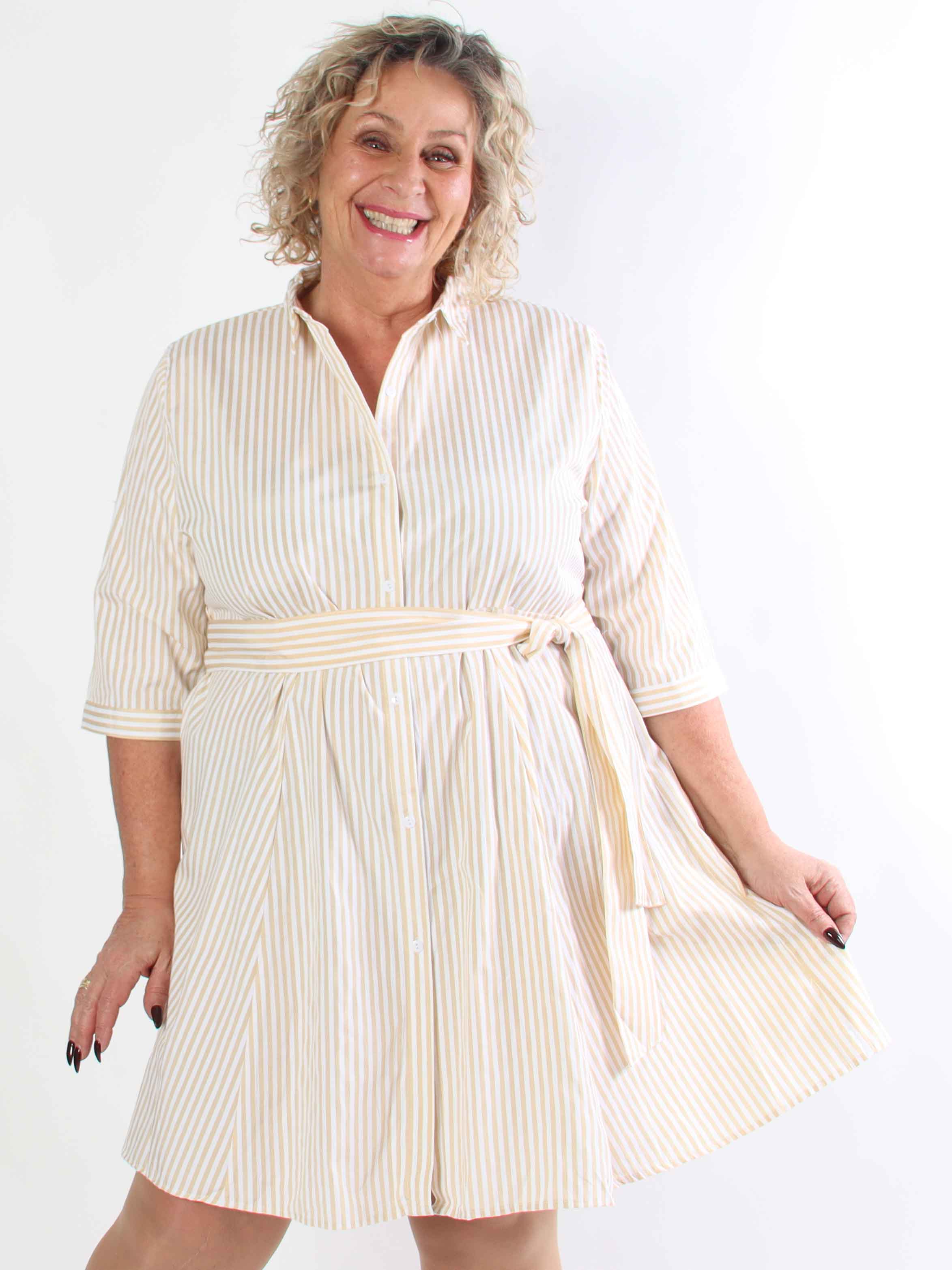Hilma - Stribet skjortekjole i a-facon med bindebånd i livet