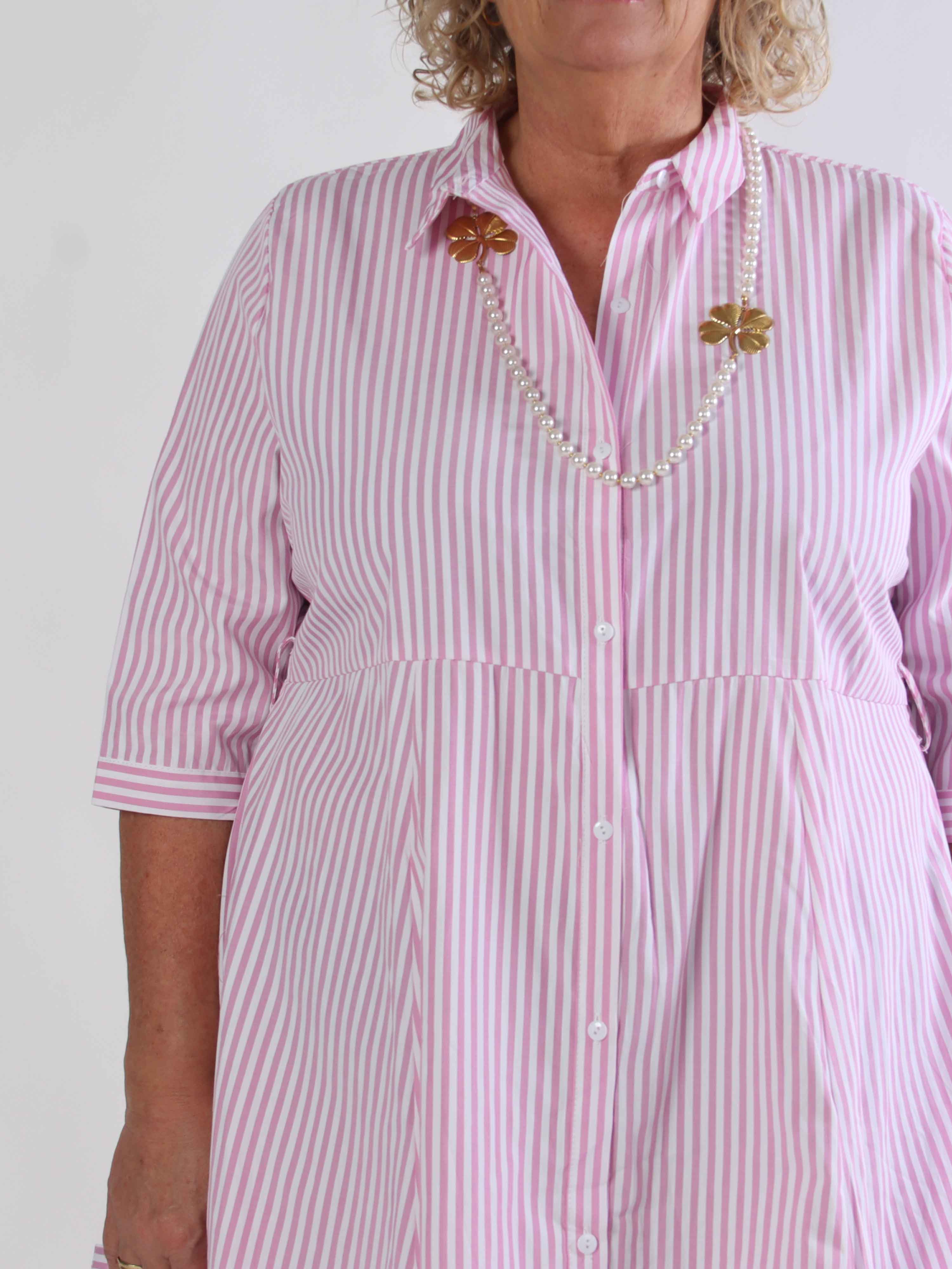 Hilma - Stribet skjortekjole i a-facon med bindebånd i livet