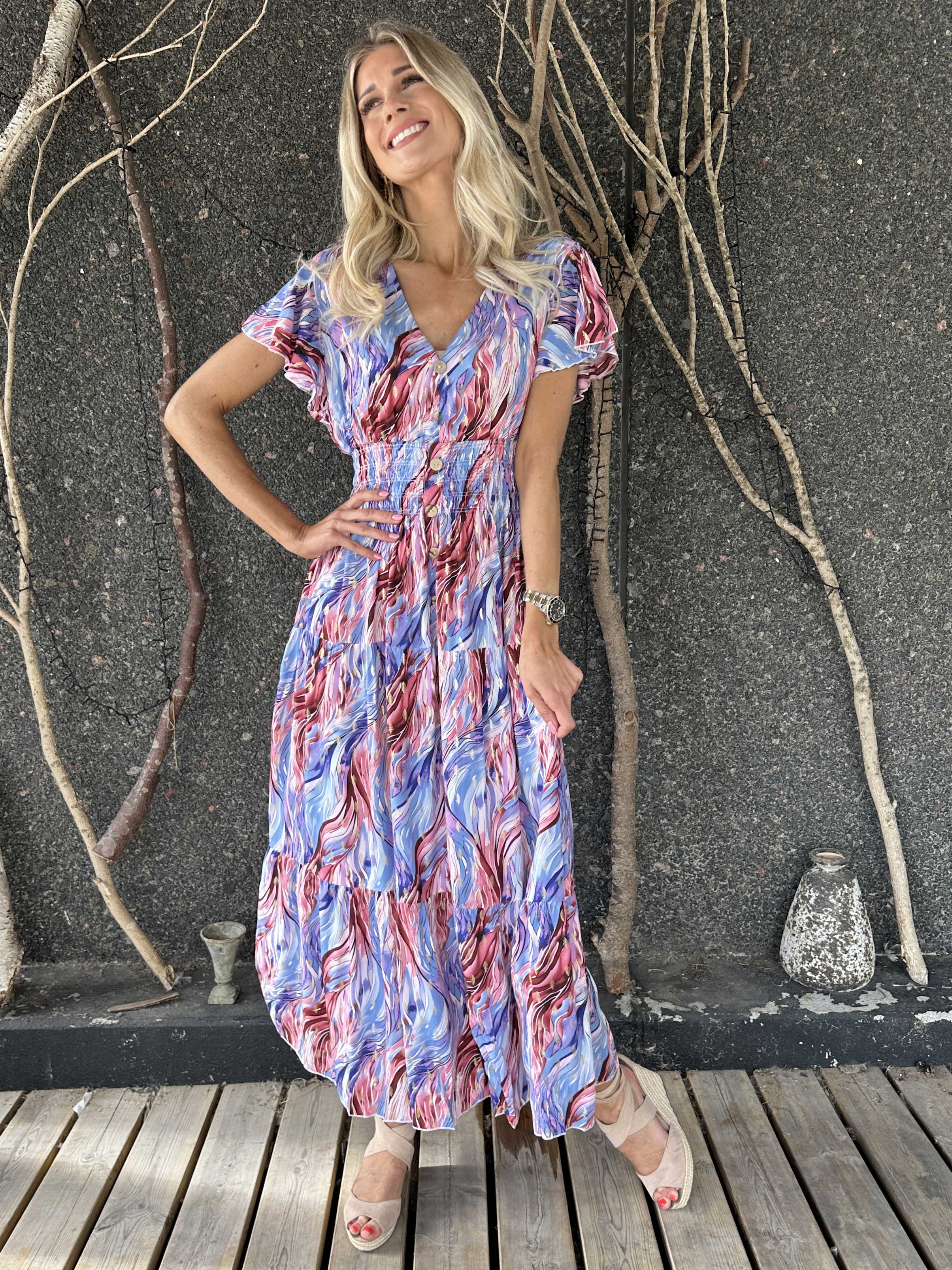 Hinata Pattern - Lång mönstrad klänning i viskos med resår