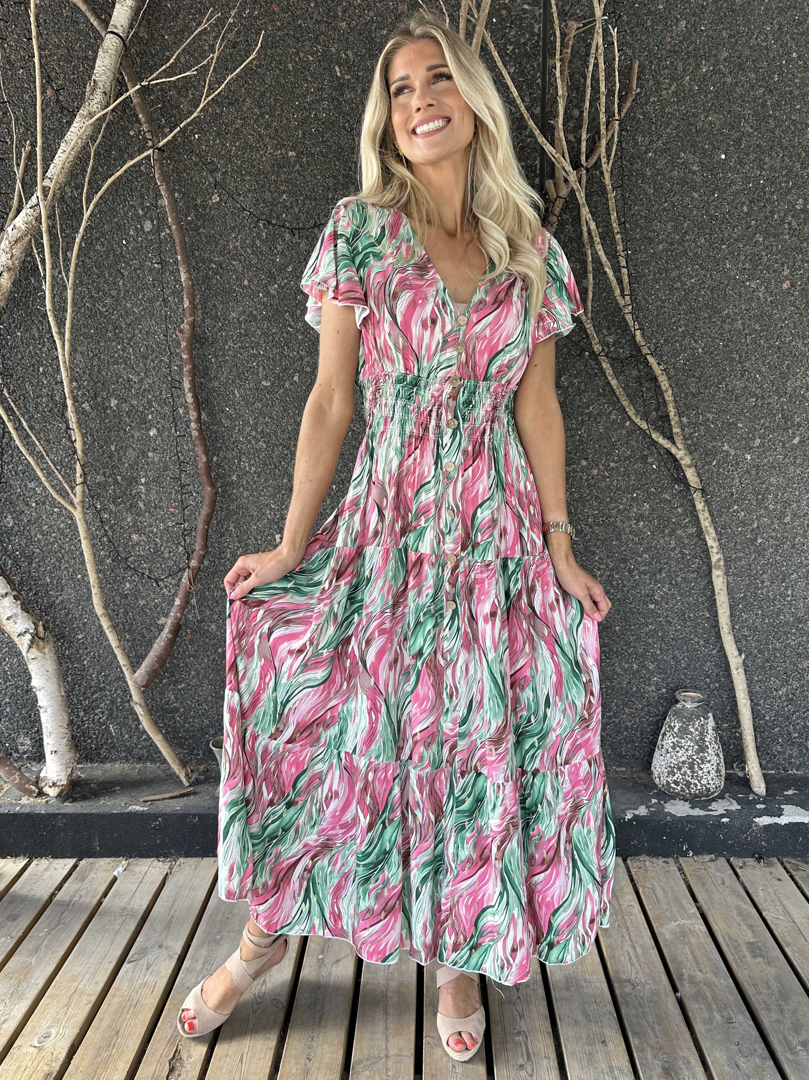 Hinata Pattern - Lång mönstrad klänning i viskos med resår