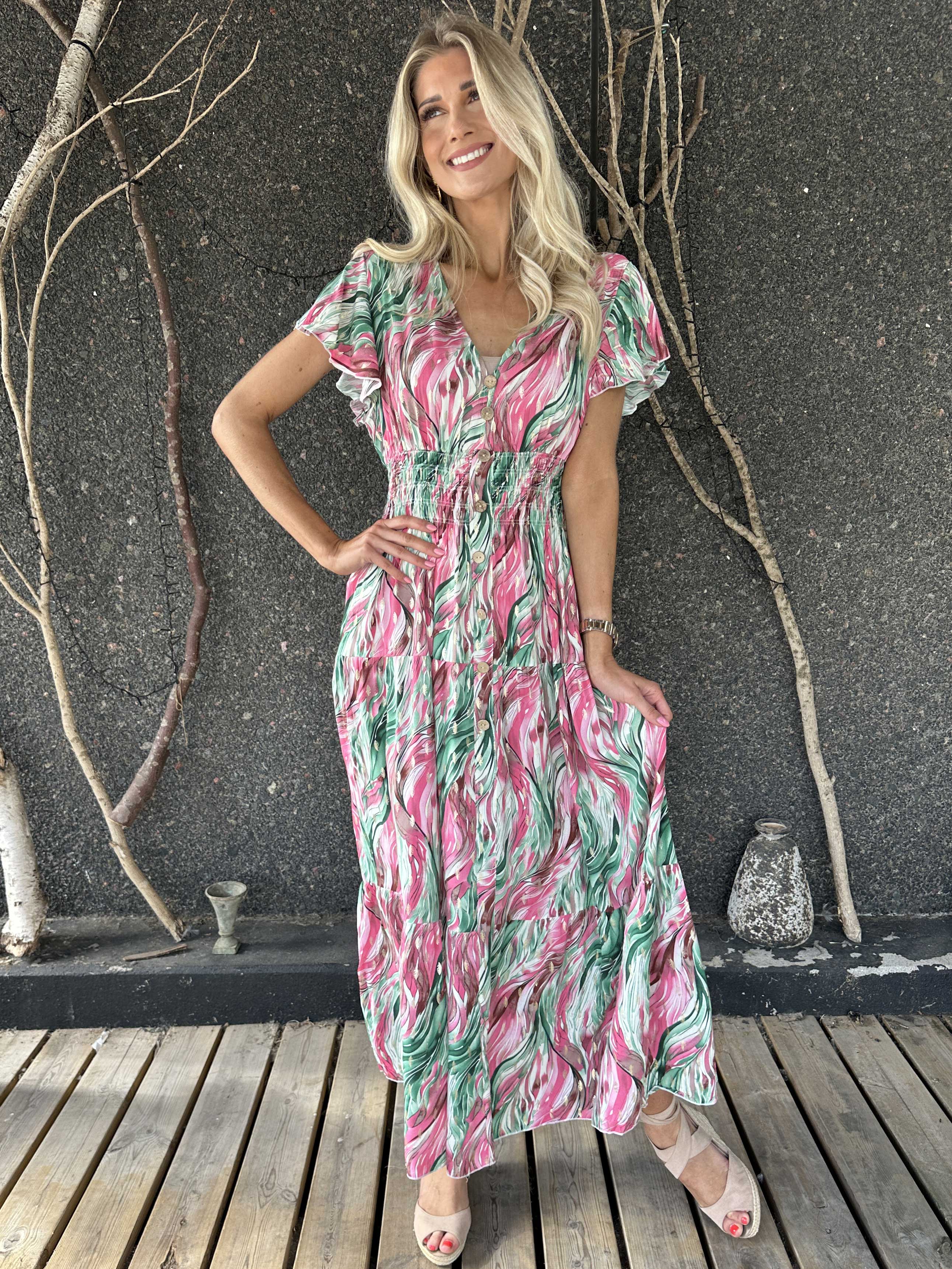 Hinata Pattern - Lång mönstrad klänning i viskos med resår