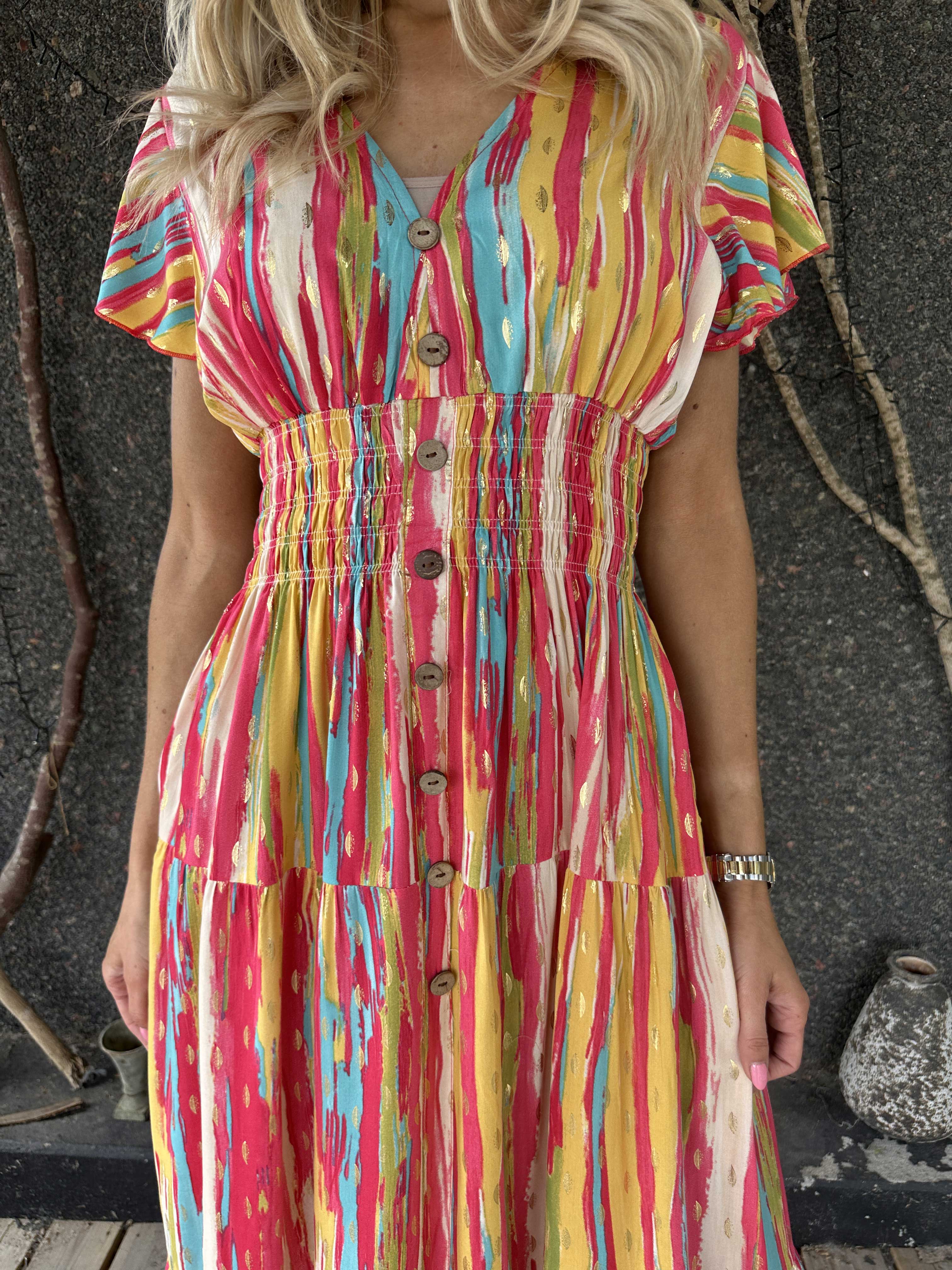 Hinata Stripe - Lång randig klänning i viskos med resår